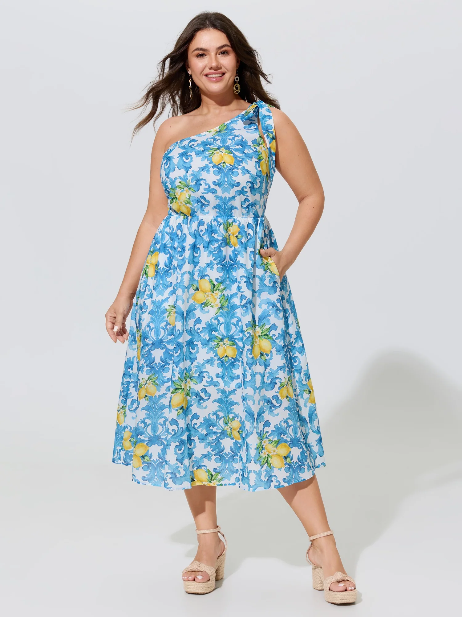Cotton Lemon Baroque Print One Shoulder Midi Dress