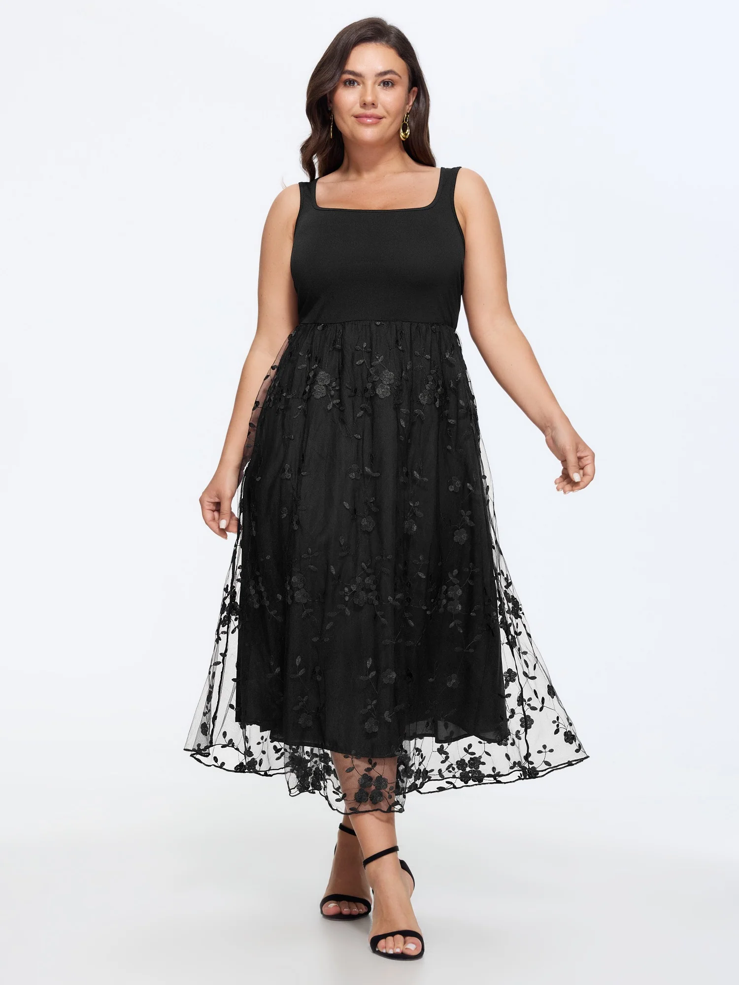 Floral Embroidered Mesh Square Neck Cami Midi Dress