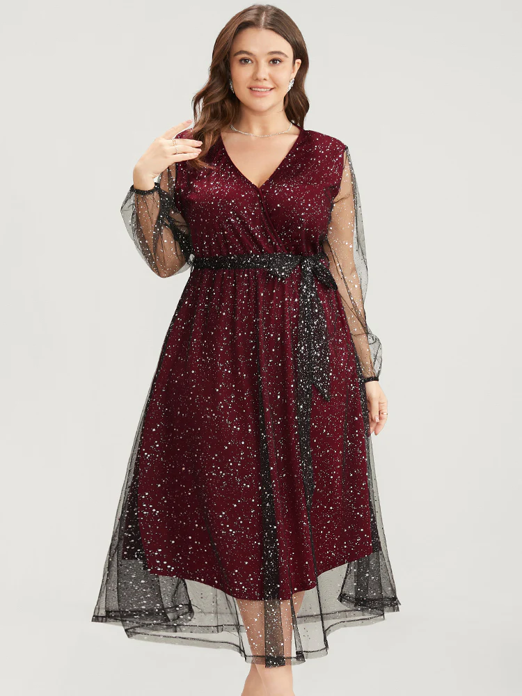 Polka Dot Lantern Sleeve Surplice Neck Mesh Belted Dress