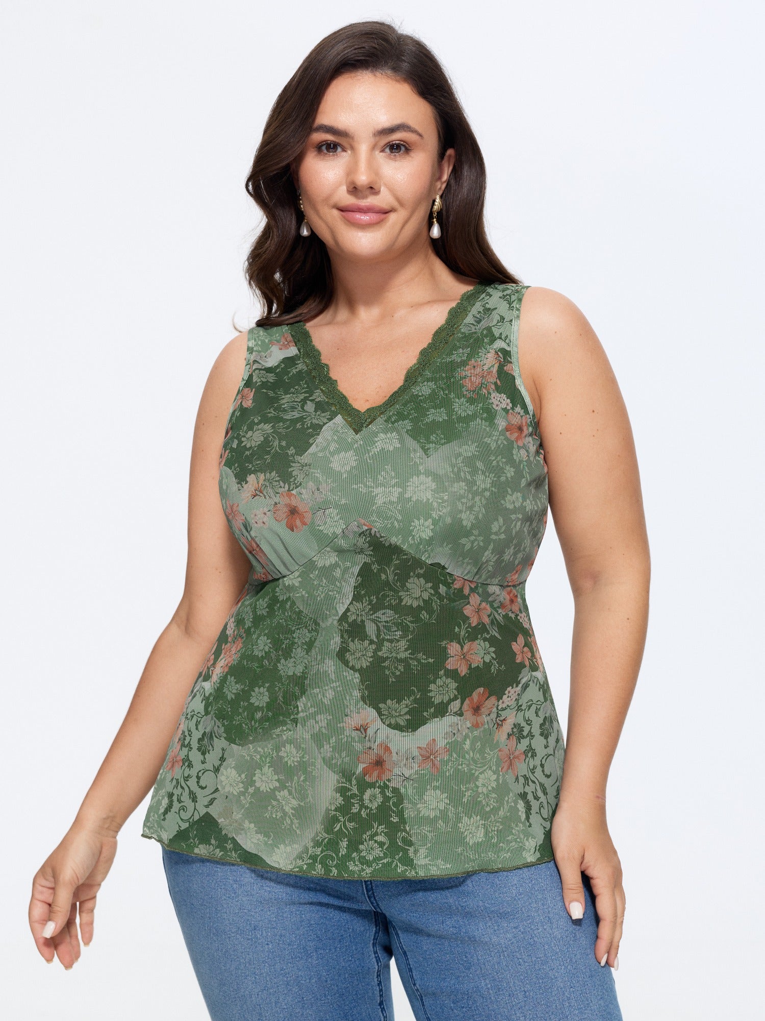 Watercolor Floral Lace V Neck Sleeveless Tank Top