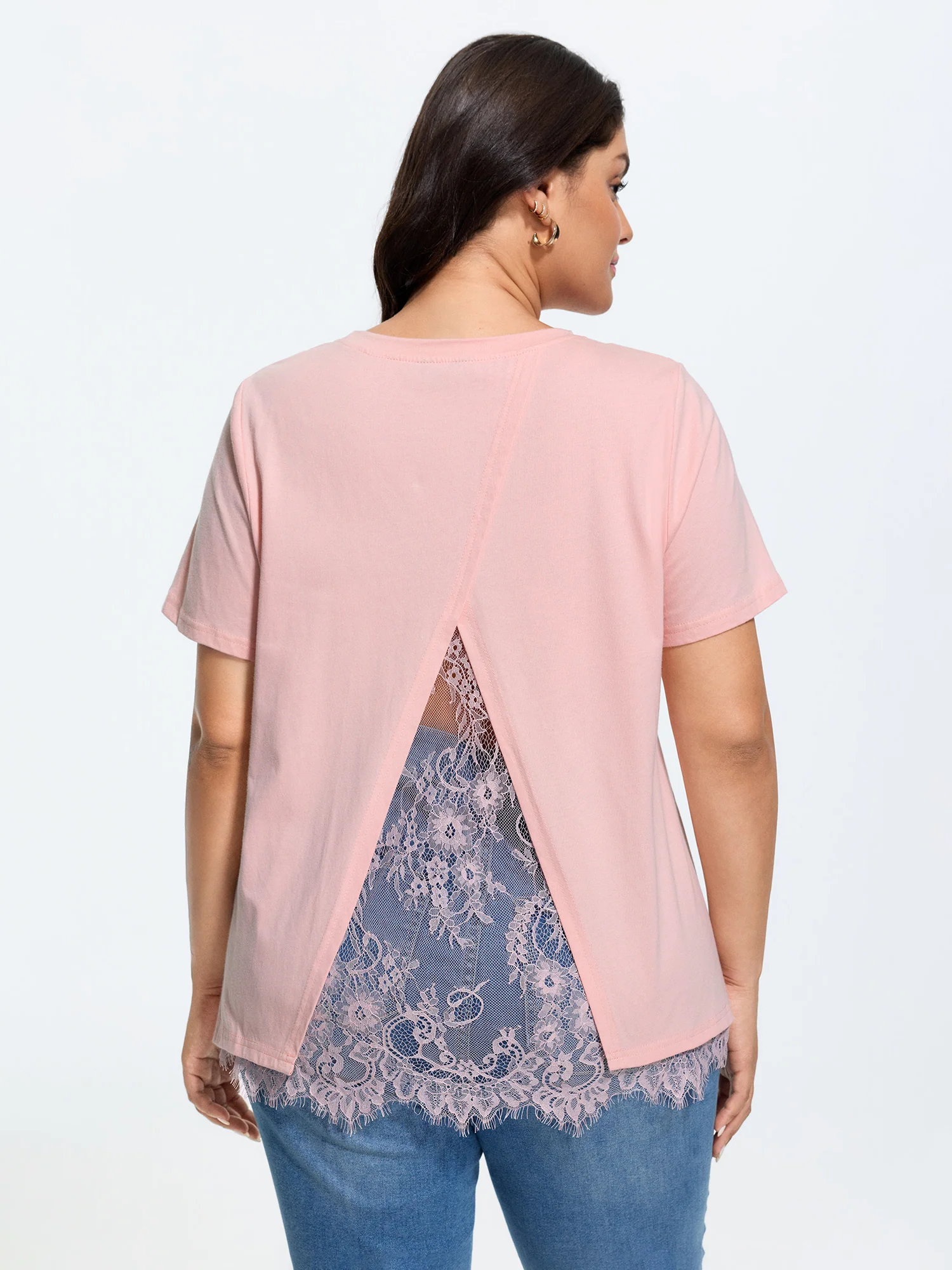 Cotton Lace Split Back Plain T-Shirt