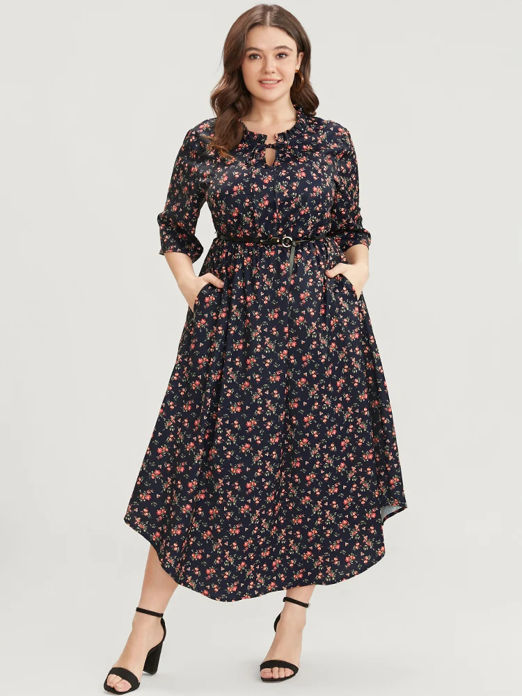 Ditsy Floral Frill Trim Tie Neck Pocket Arc Hem Dress