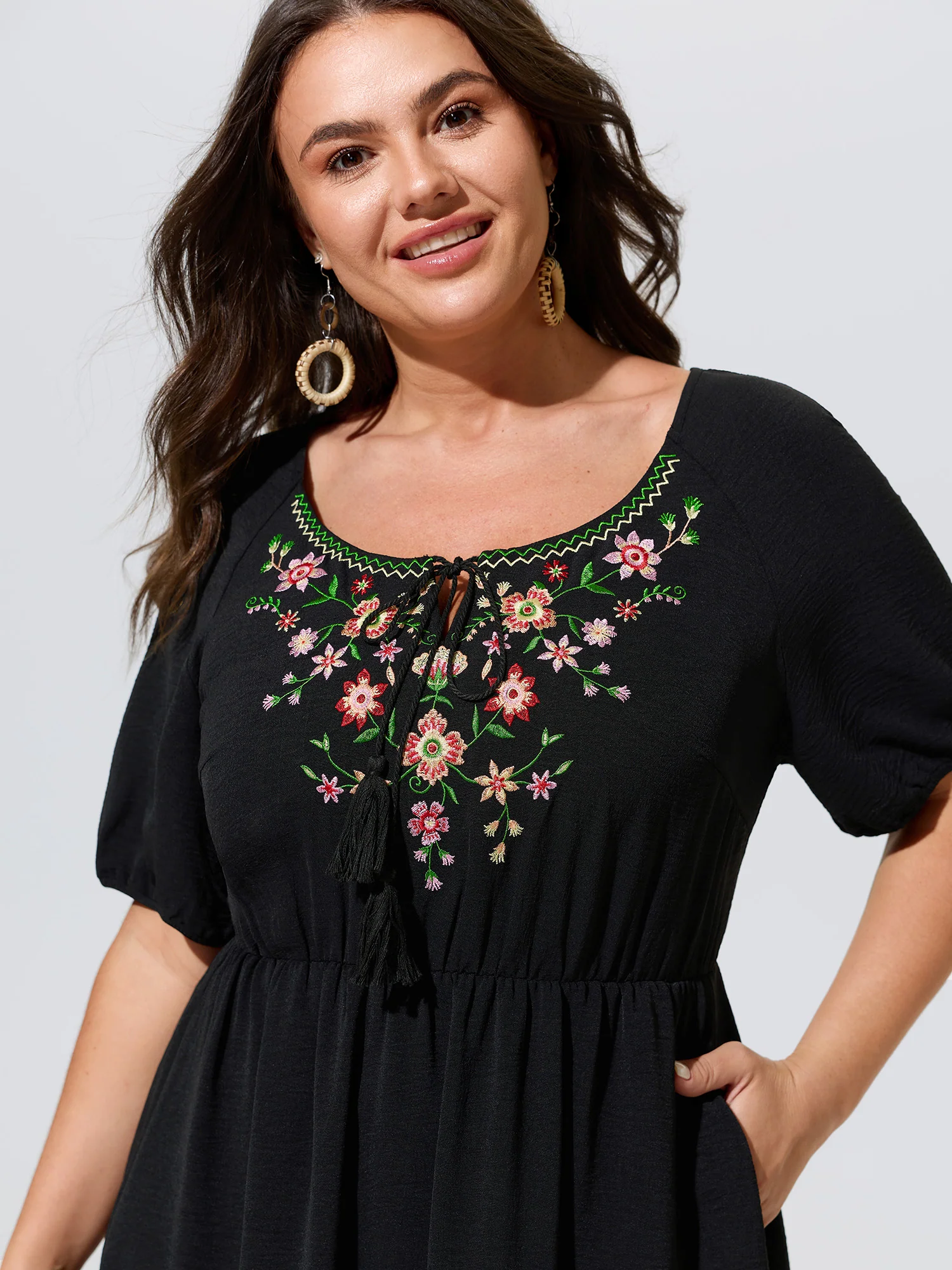 Floral Embroidered Neckline Tiered Mini Dress