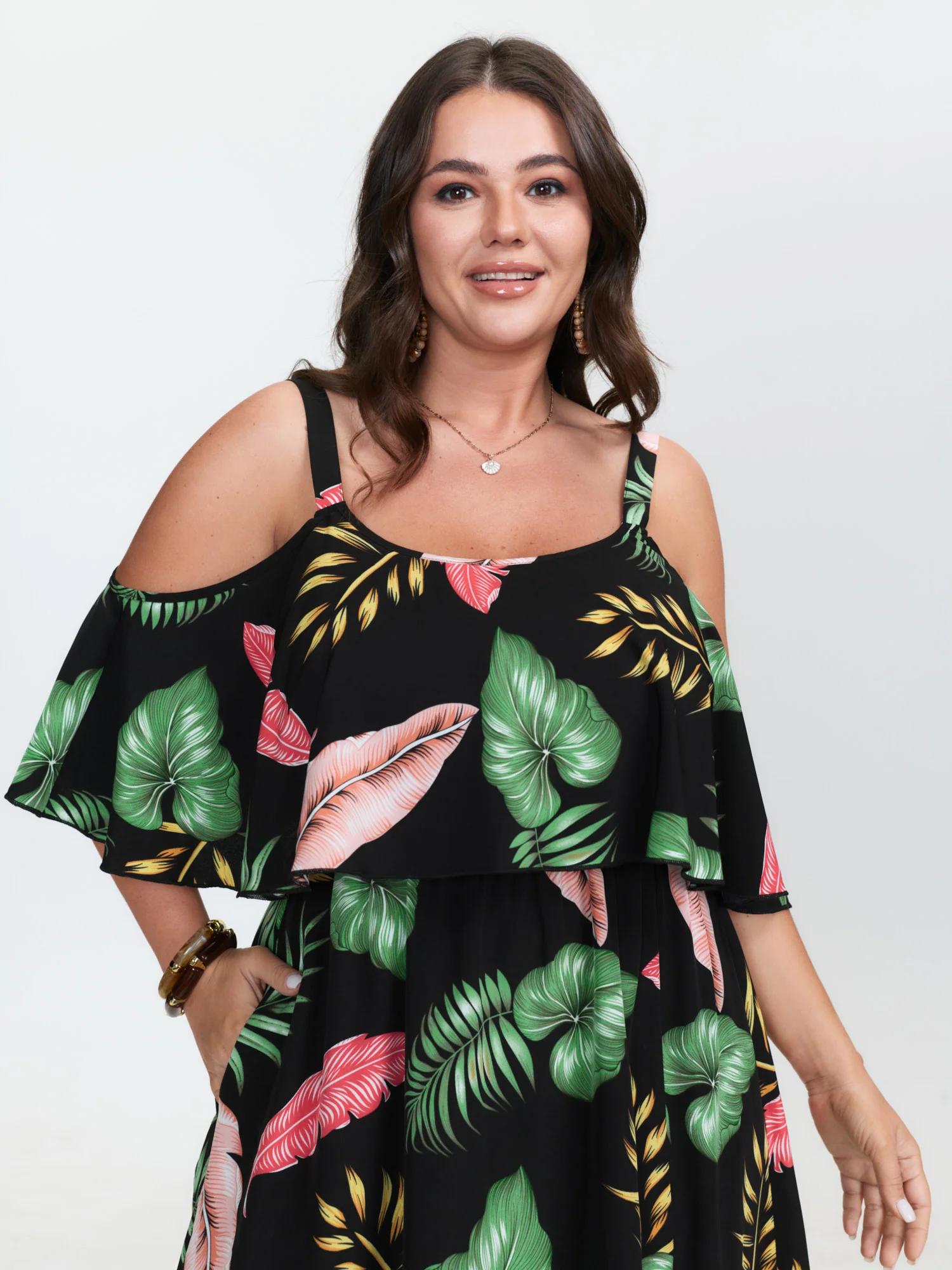 Tropical Pattern Off-Shoulder Maxi Dress
