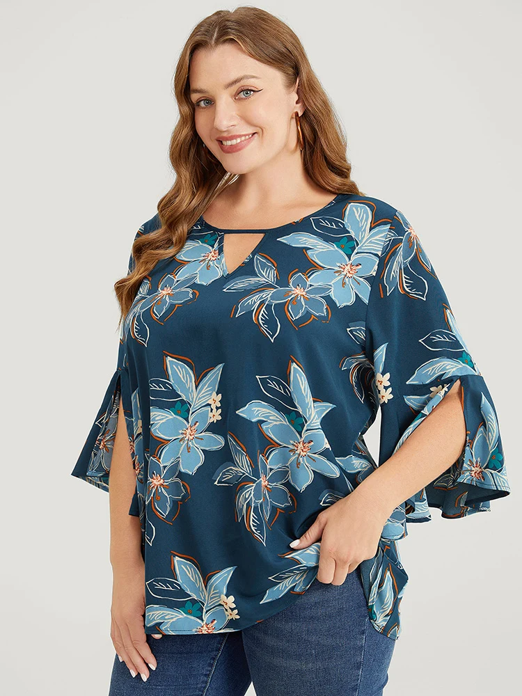 Floral Print Keyhole Neck Split Bell Sleeve Blouse