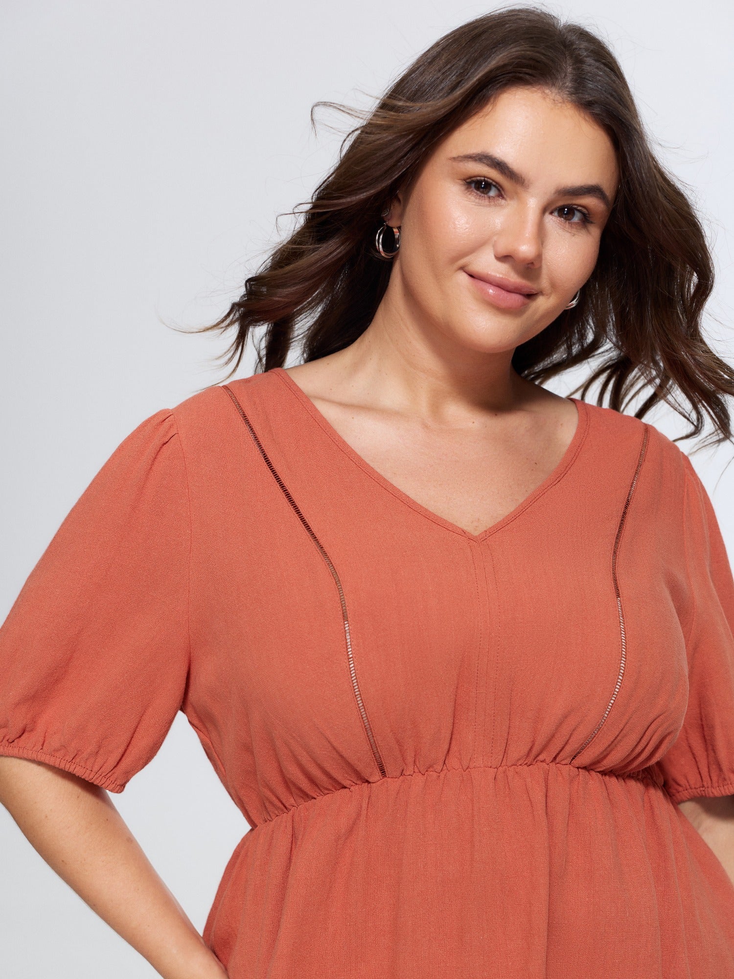 Linen Blend Textured V-Neck Plain Peplum Blouse