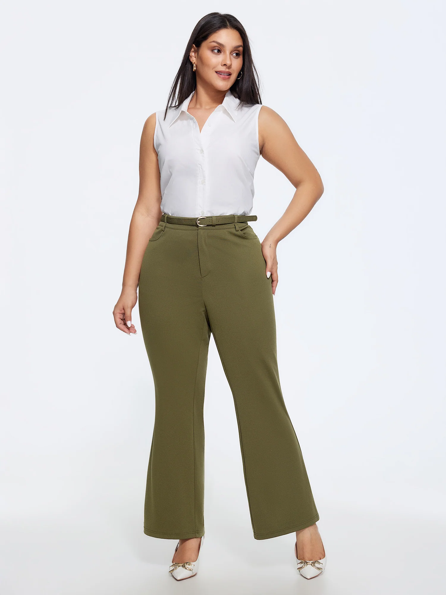 Matching Belt High Waist Pocket Bootcut Pants