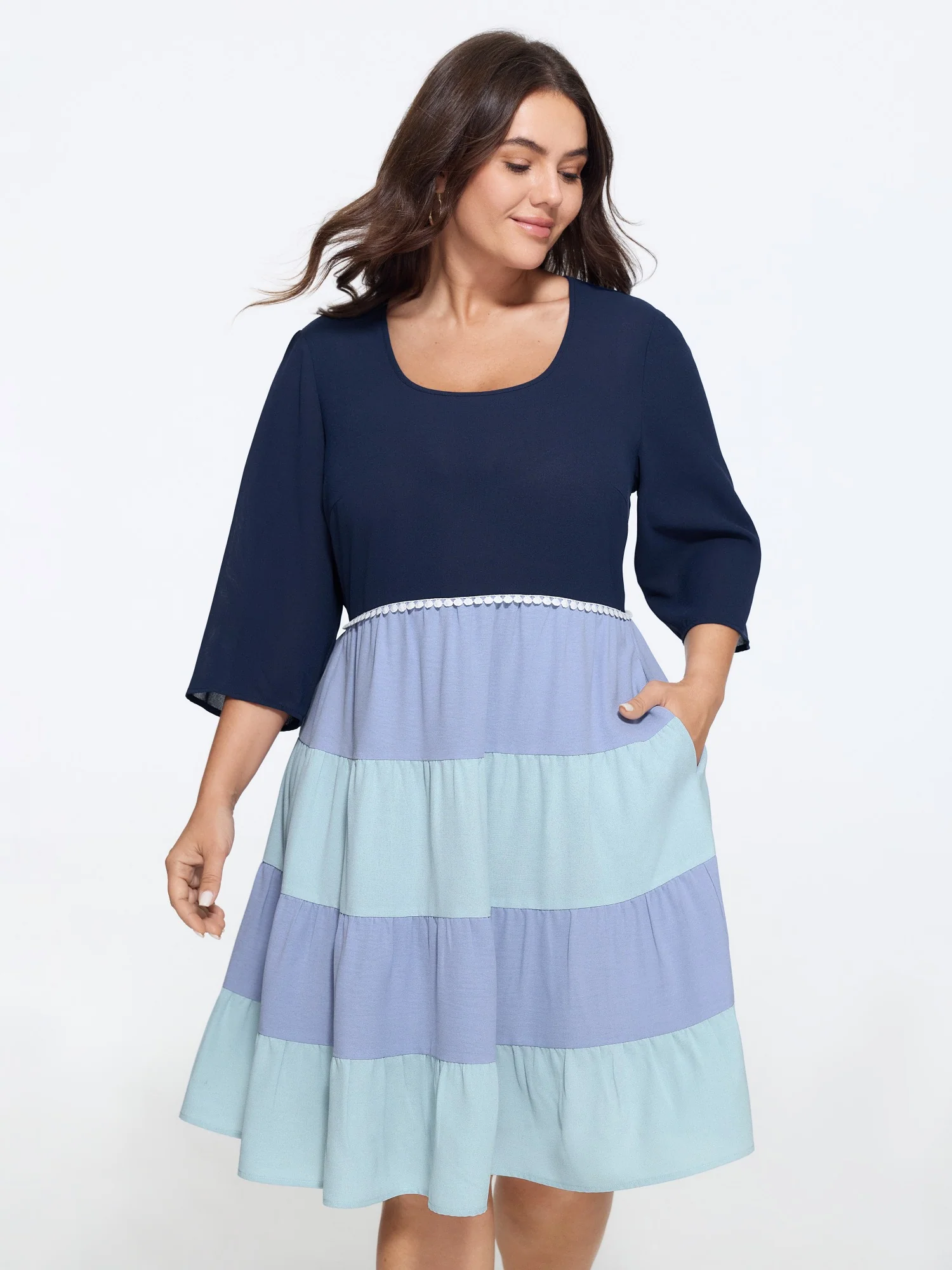 U Neck Color Block Tiered Mini Dress