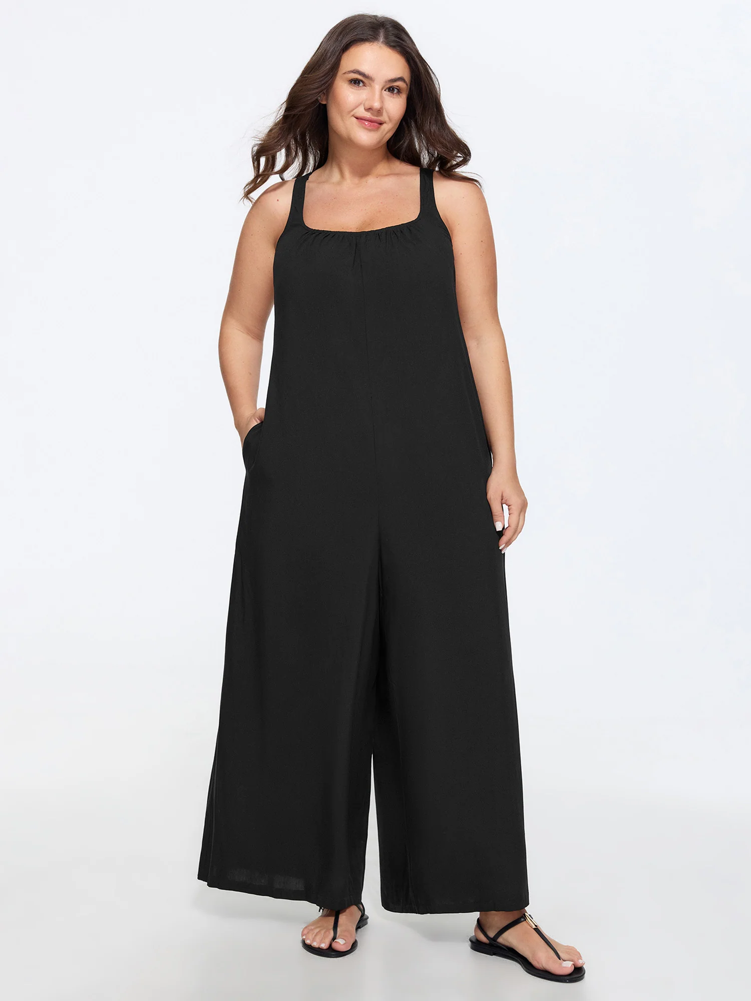 Solid Lace Cross Back Wide Leg Jumpsuit
