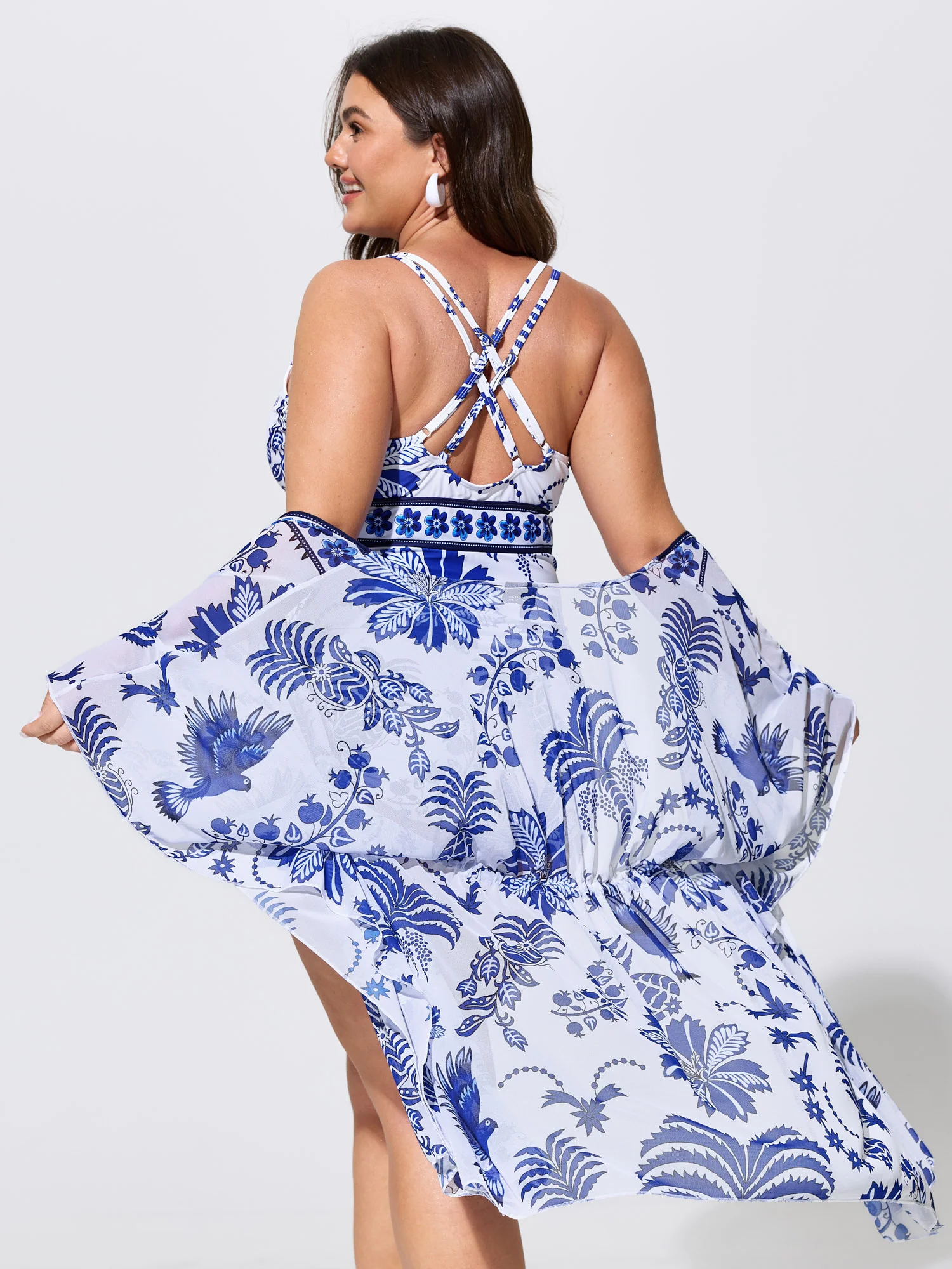 Kimono Two-Piece Tropical Print One-Piece Swim