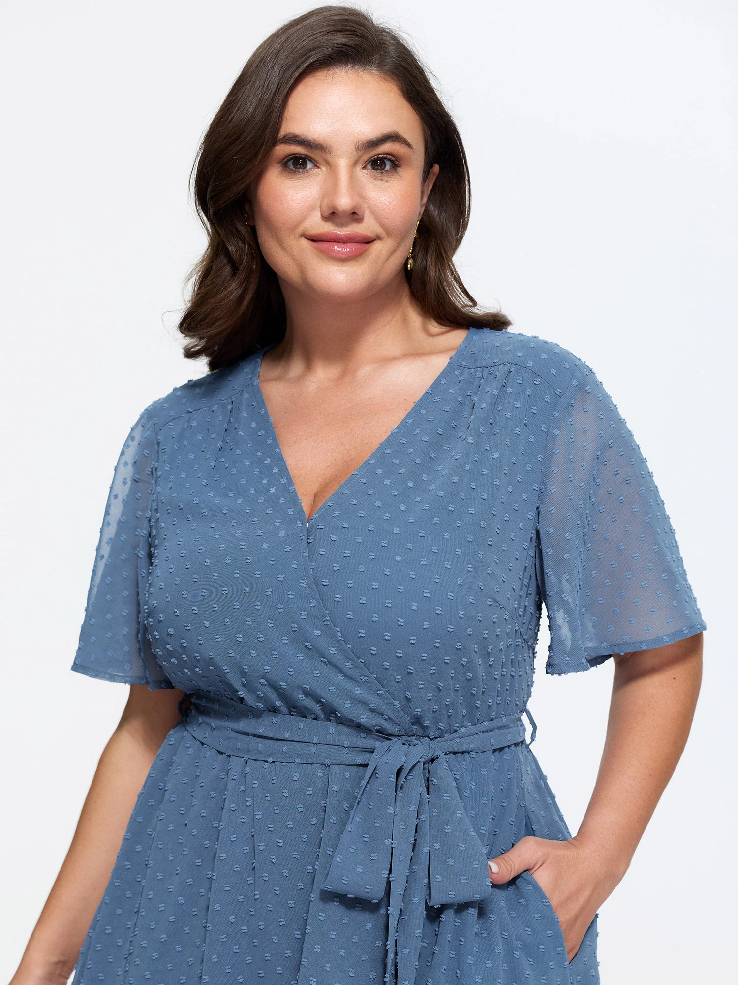 Textured Wrap Ruffled Front Midi Dress