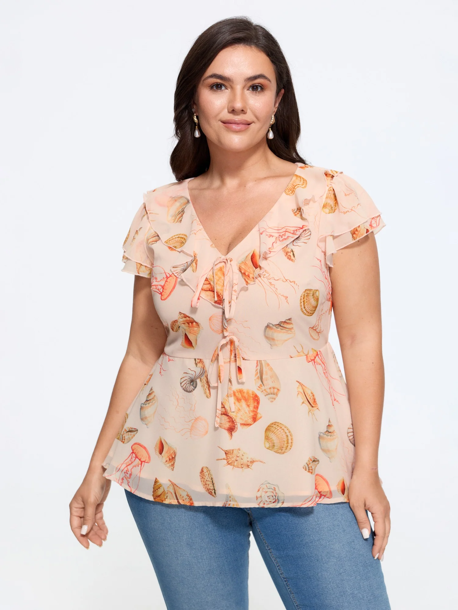 Seashell Print Front Tie Peplum Blouse
