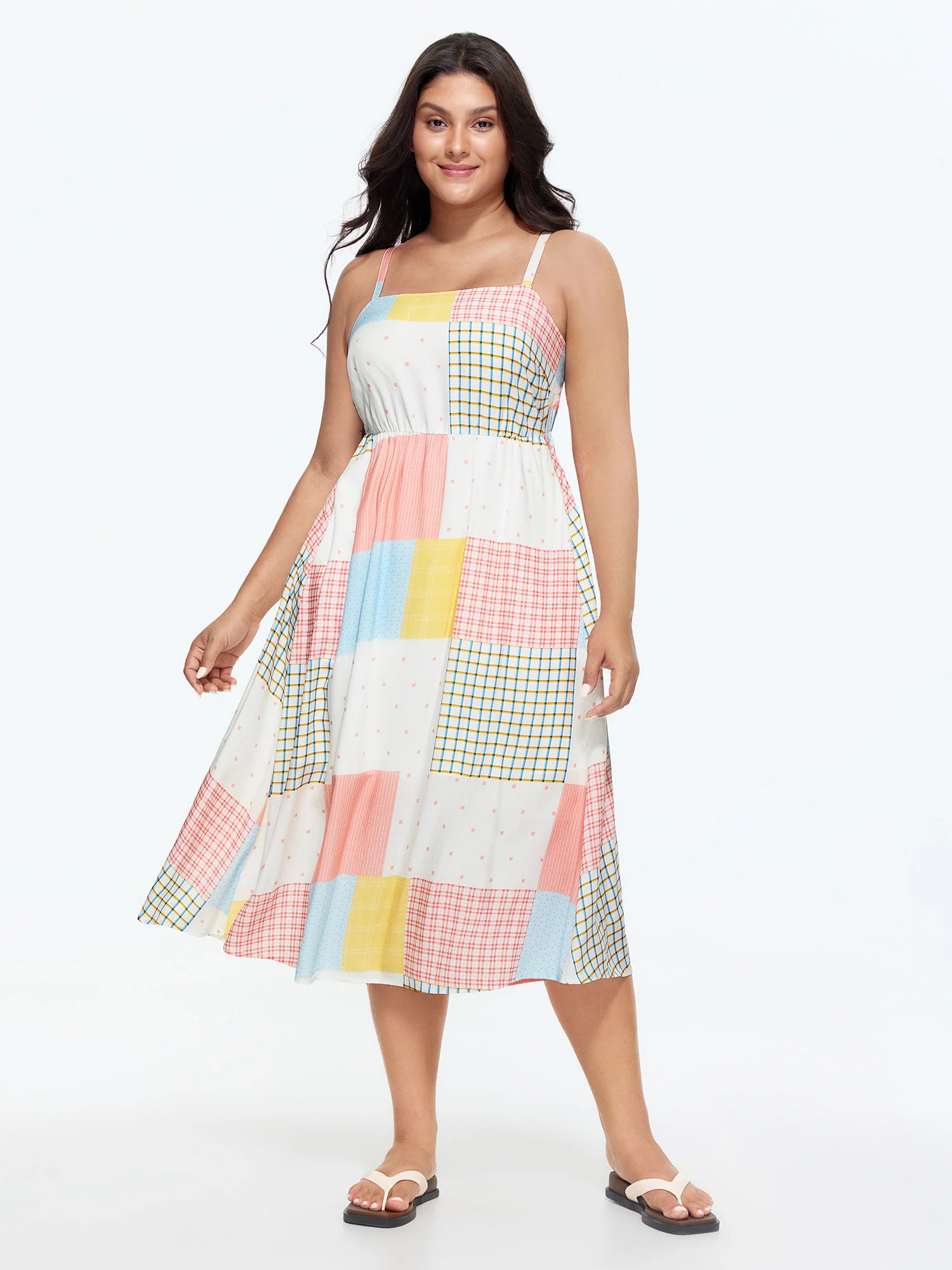 Colorful Patchwork Print Bow Back Midi Dress
