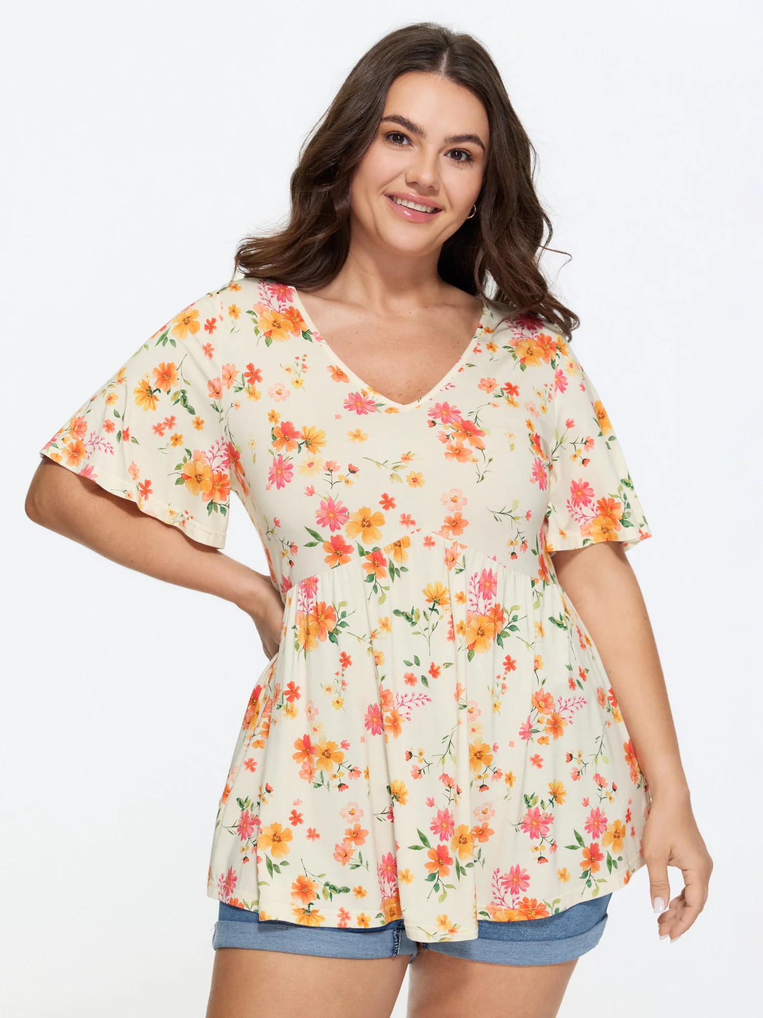 Stretchy Floral Print V-Neck Knit Top