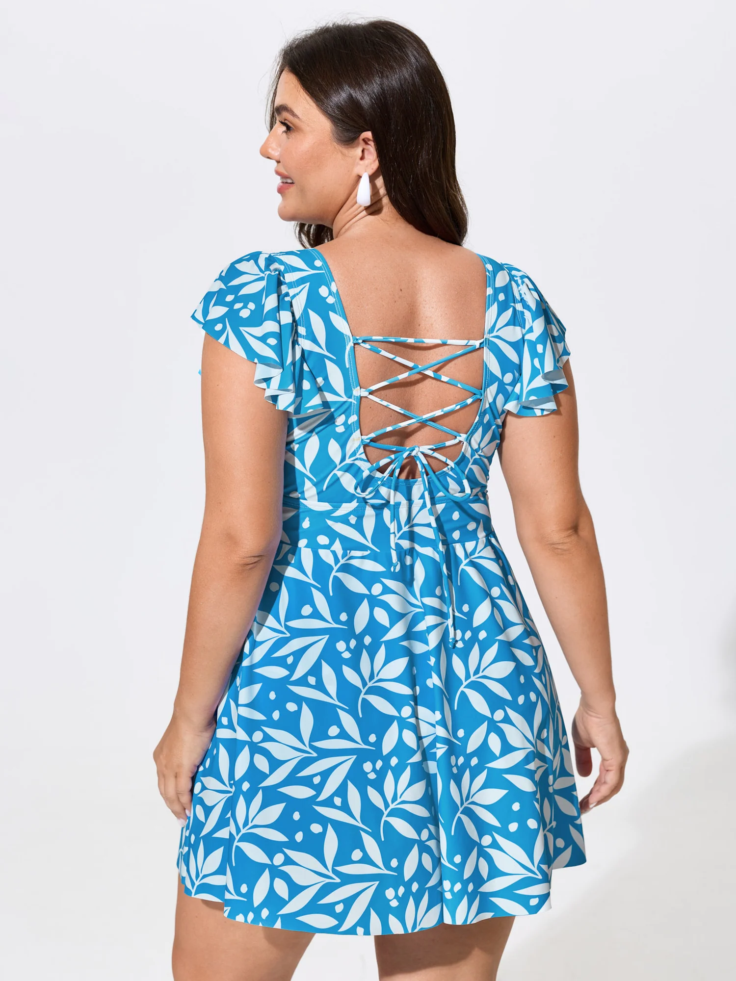 Leaf Print Crisscross Back Swim Dress