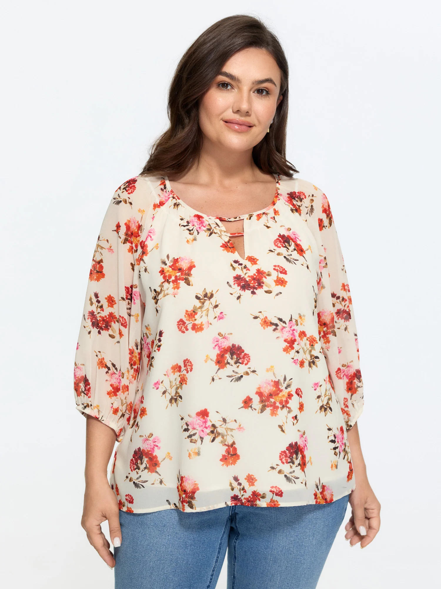 Floral Print Keyhole Neckline Shirt