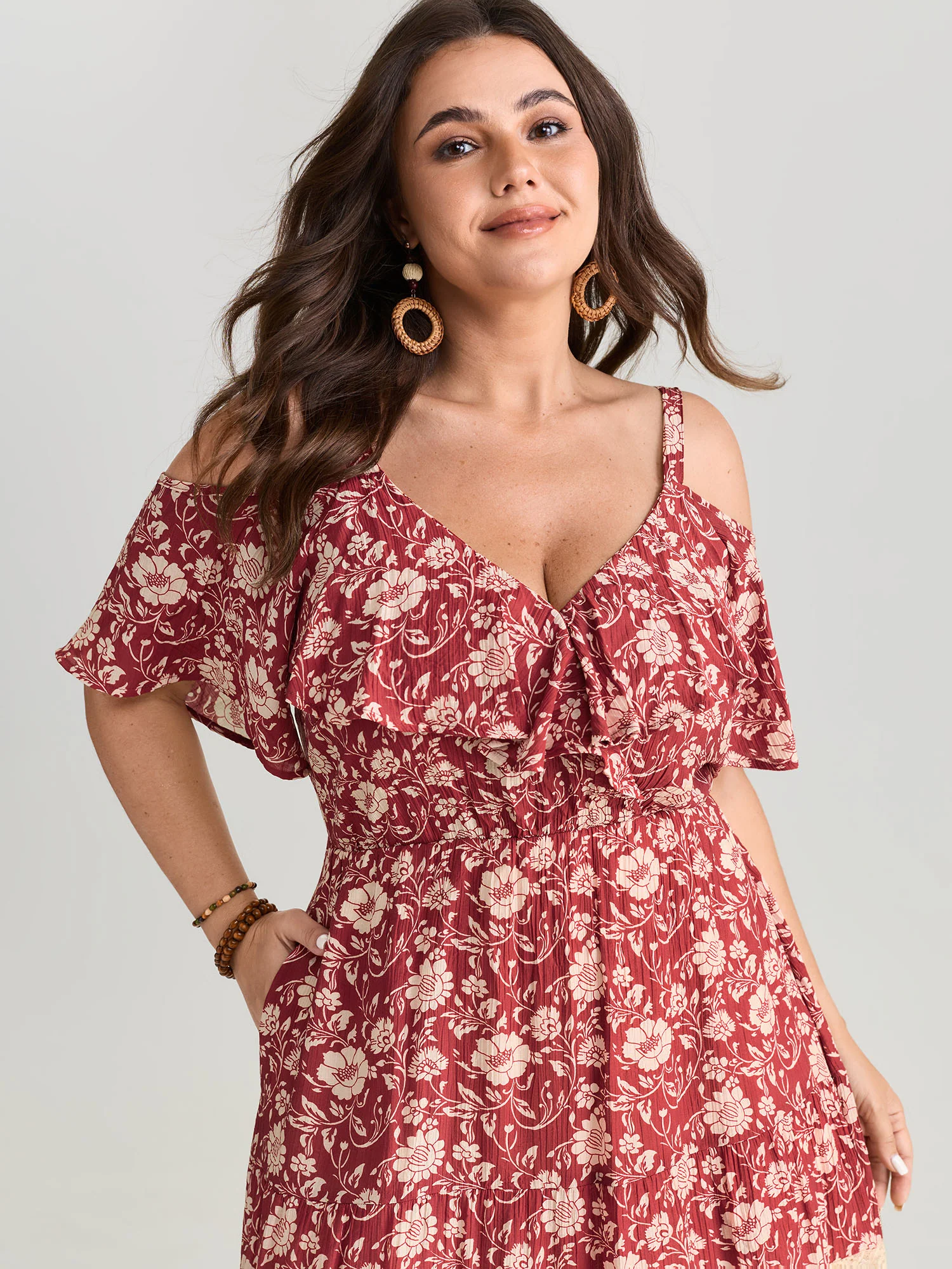 Floral Print Cold-Shoulder Ruffled Maxi Dress
