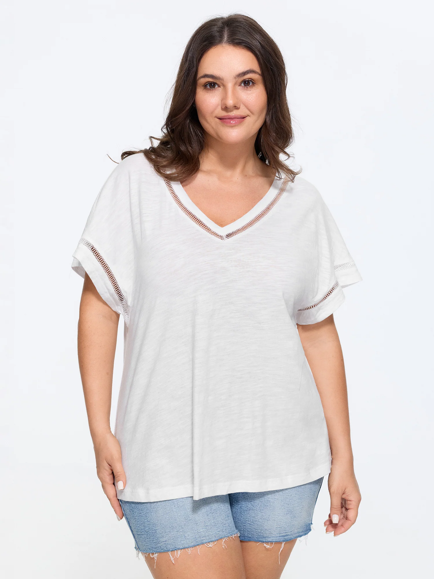 Cotton Plain Slub Eyelet Trim Dolman Sleeve T-Shirt