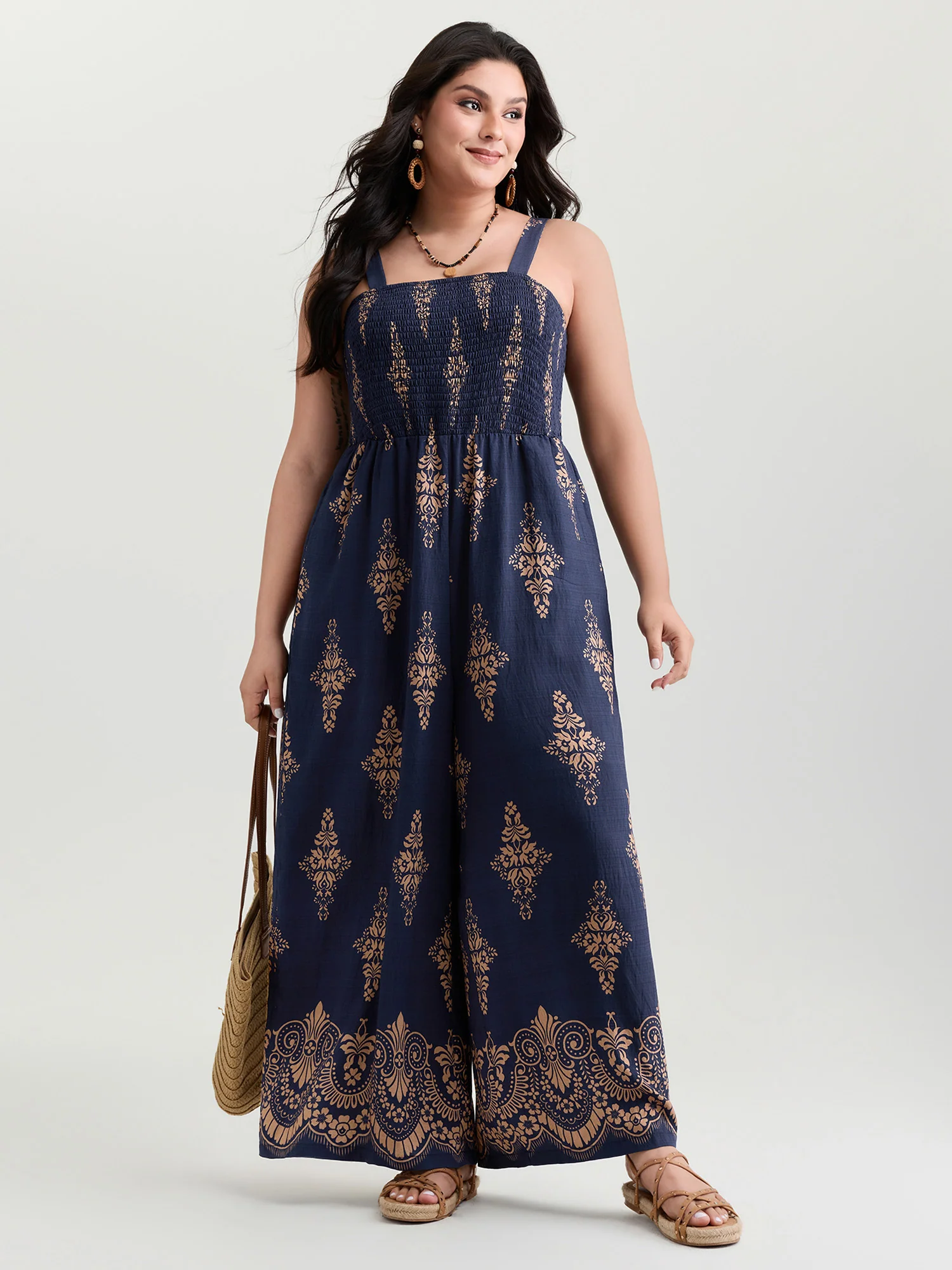 Geometric Print Waist-Defining Shirred Jumpsuit