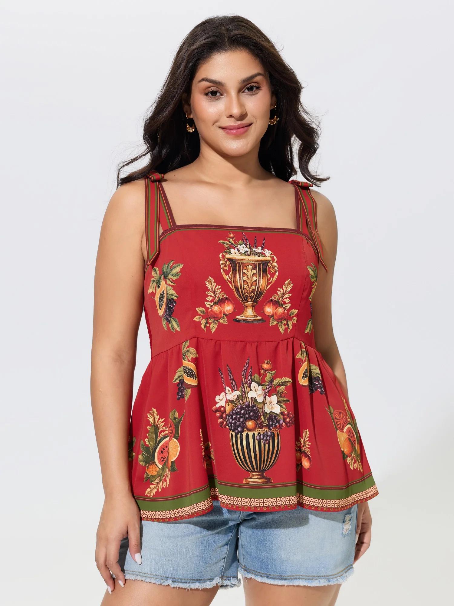 Vintage Fruit Print Bow Shoulder Strap Tank Top