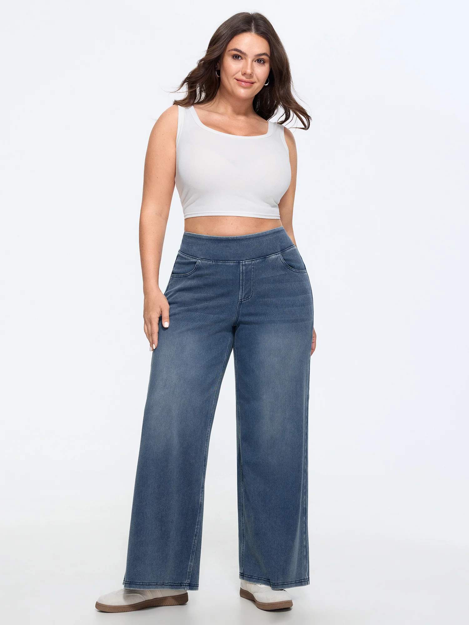Stretchy Pull-On Wide-Leg Jeans