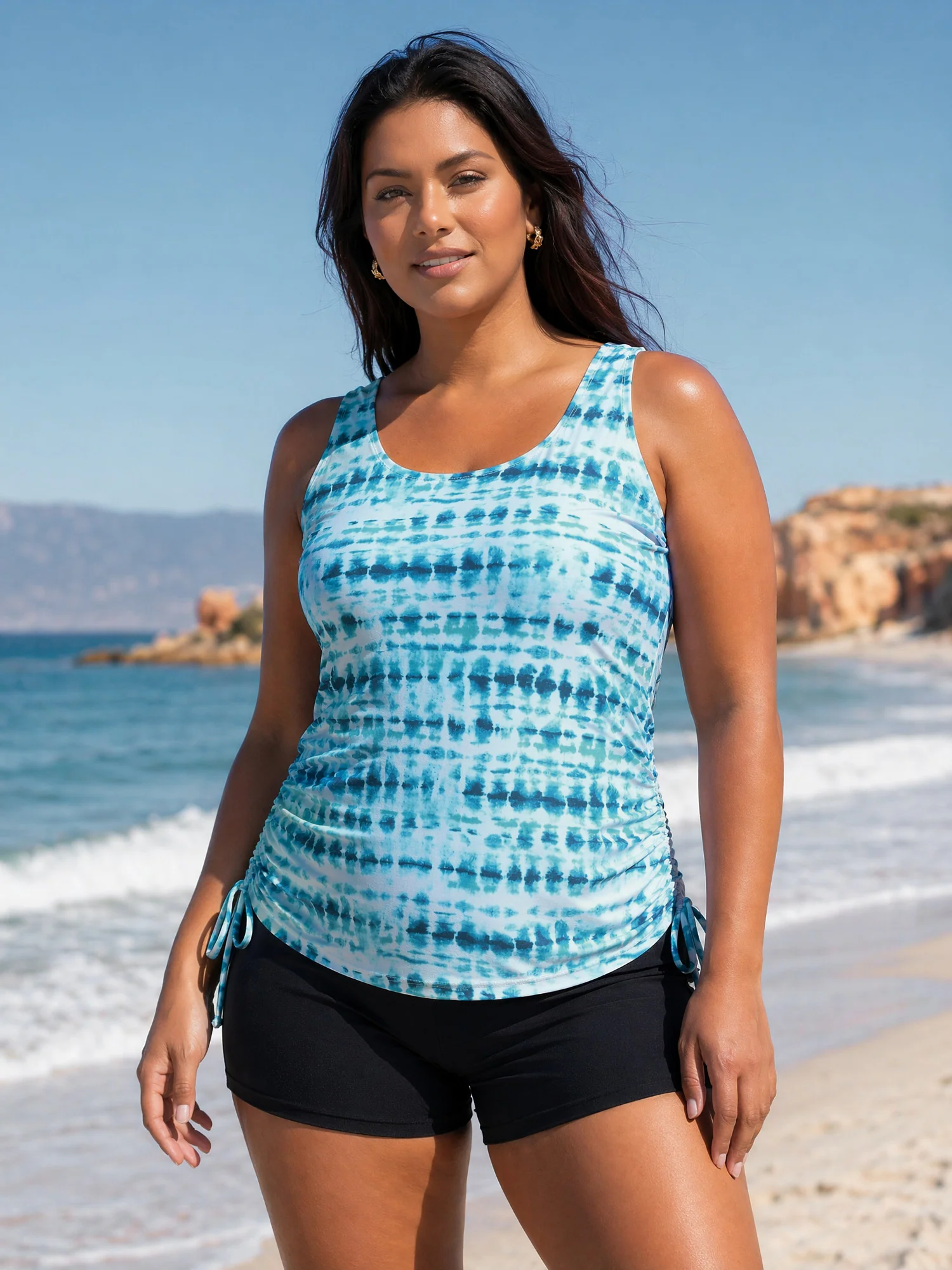 Tie-Dye Effect Scoop Neckline Swim Top