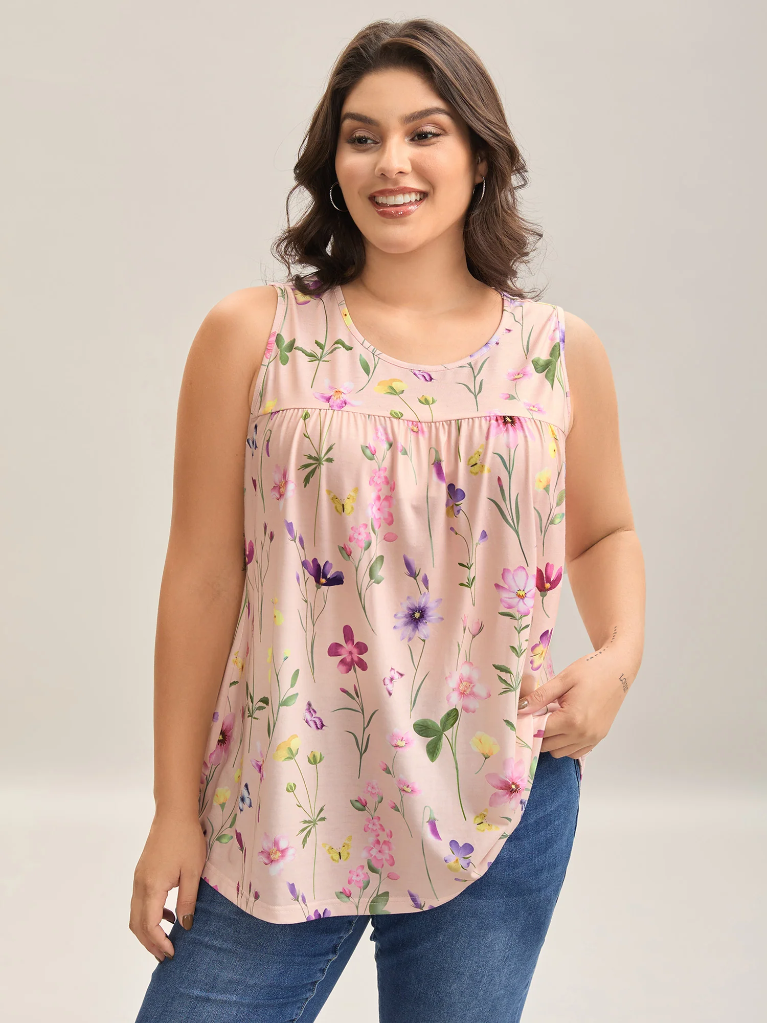 Floral Print Flowy Pleated Tank Top