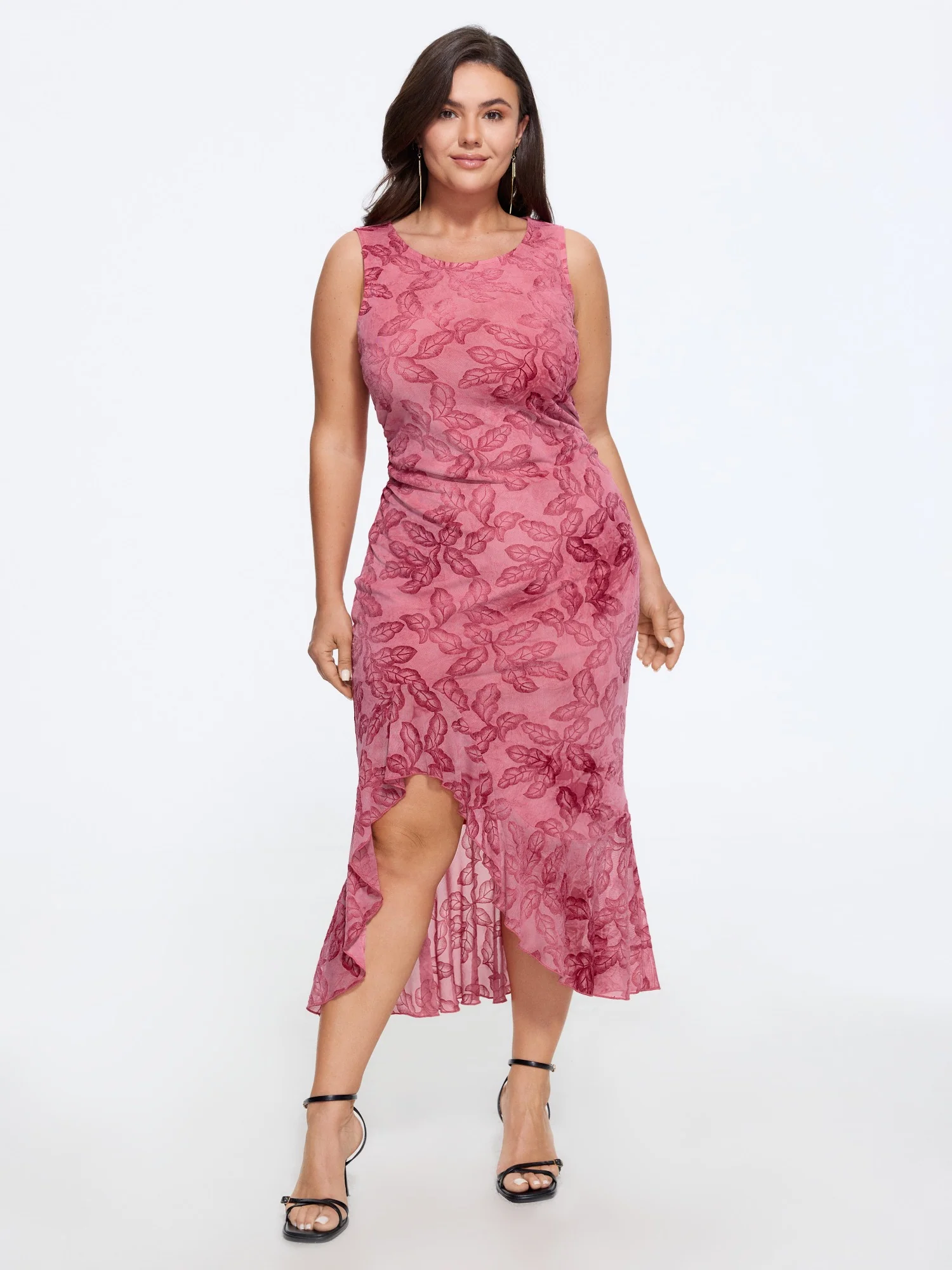 Stretchy Gradient Flocked Mesh Irregular Hem Midi Dress