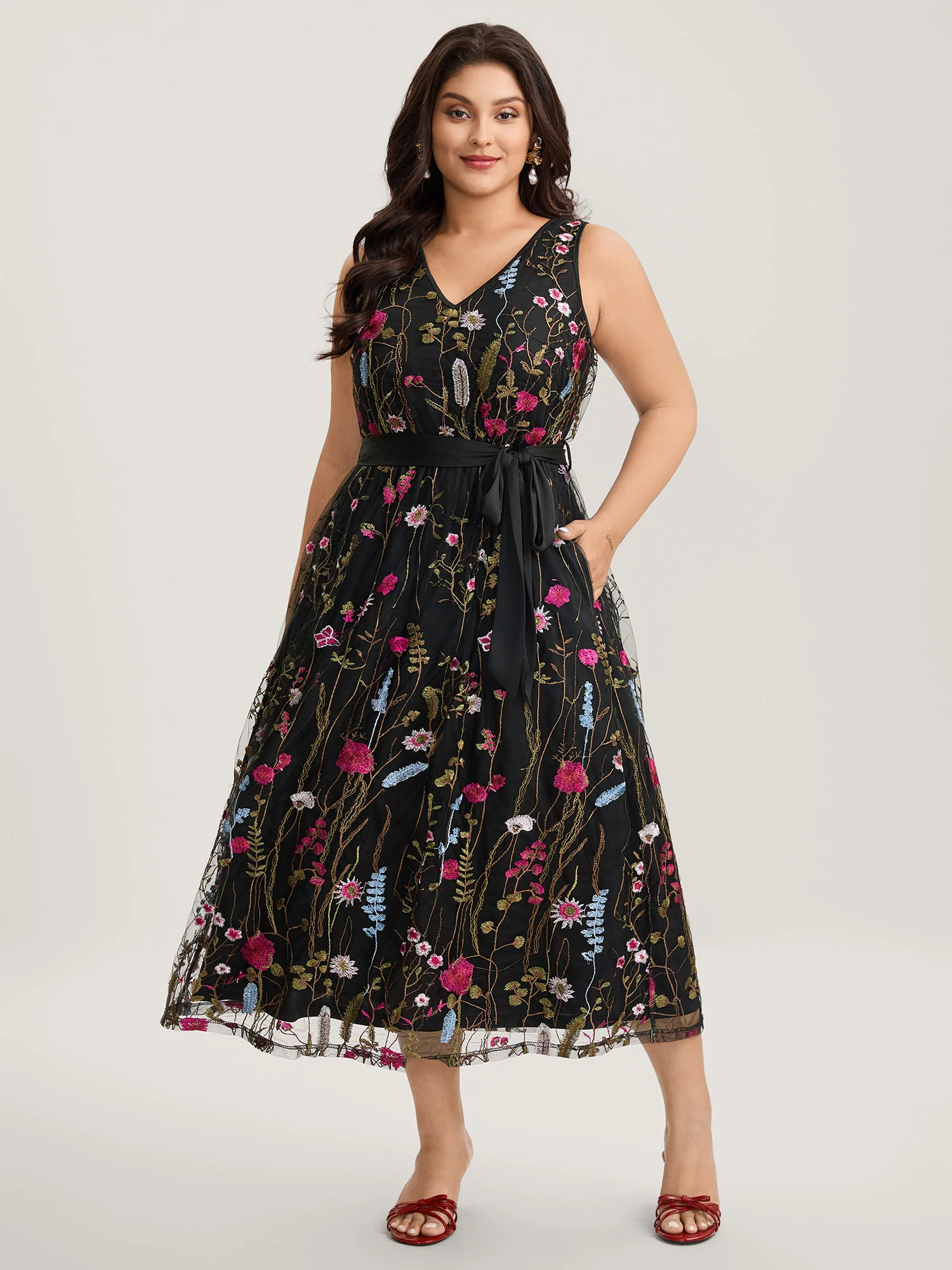 Floral Embroidery Belted Maxi Dress
