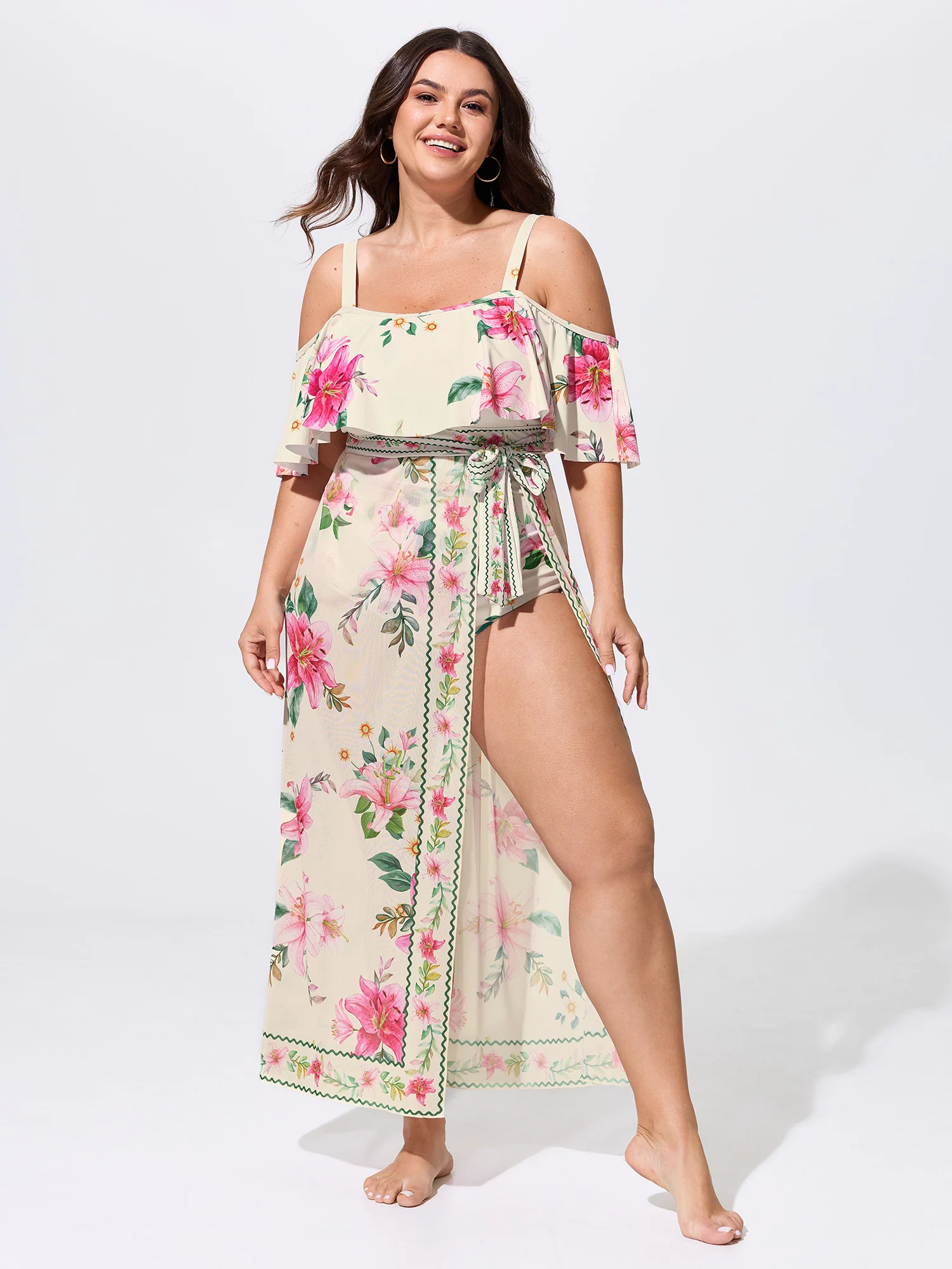 Sarong Set Floral Print Off-Shoulder One-Piece Swimsuit