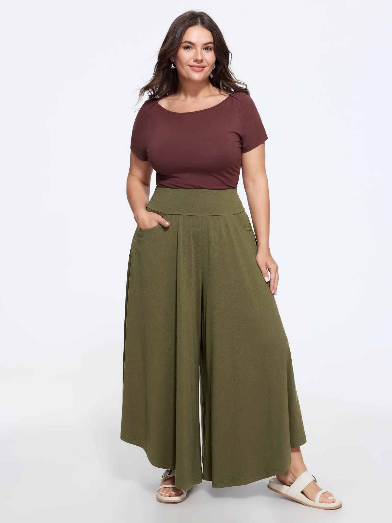 Stretchy Solid Pocket Drape Wide Leg Pants