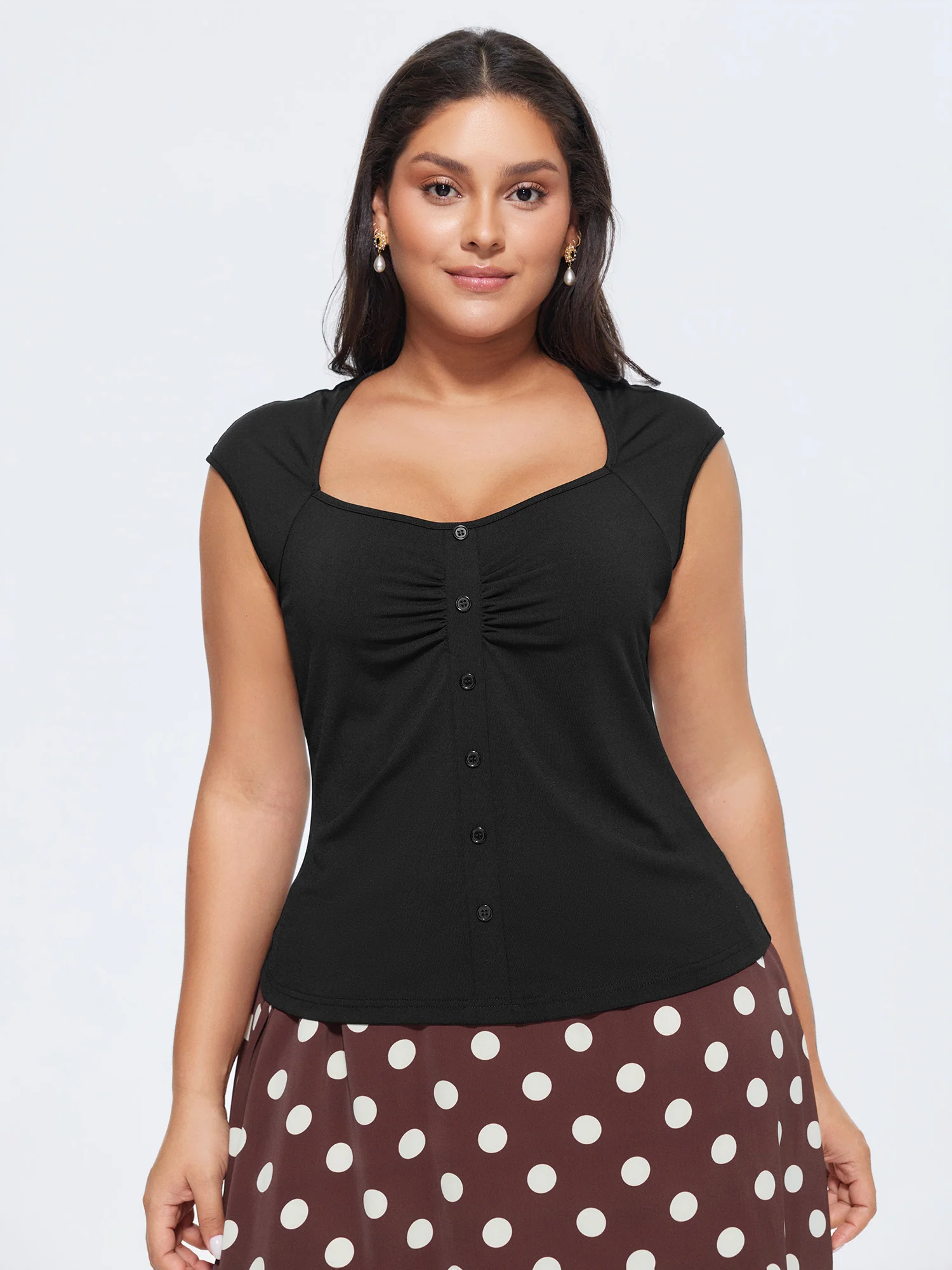 Stretchy Ruched Sweetheart Neckline Knit Top
