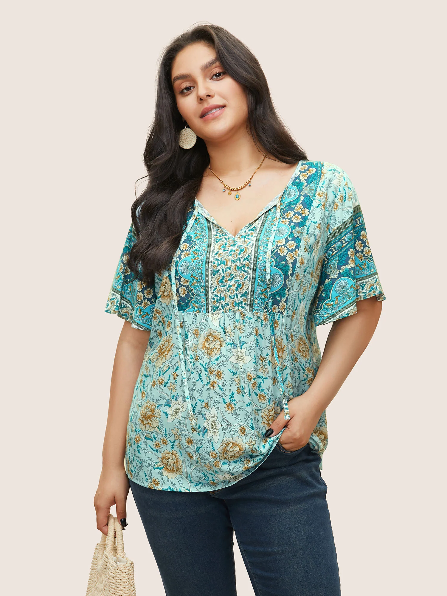 Boho Print Tie Neck Gathered Blouse