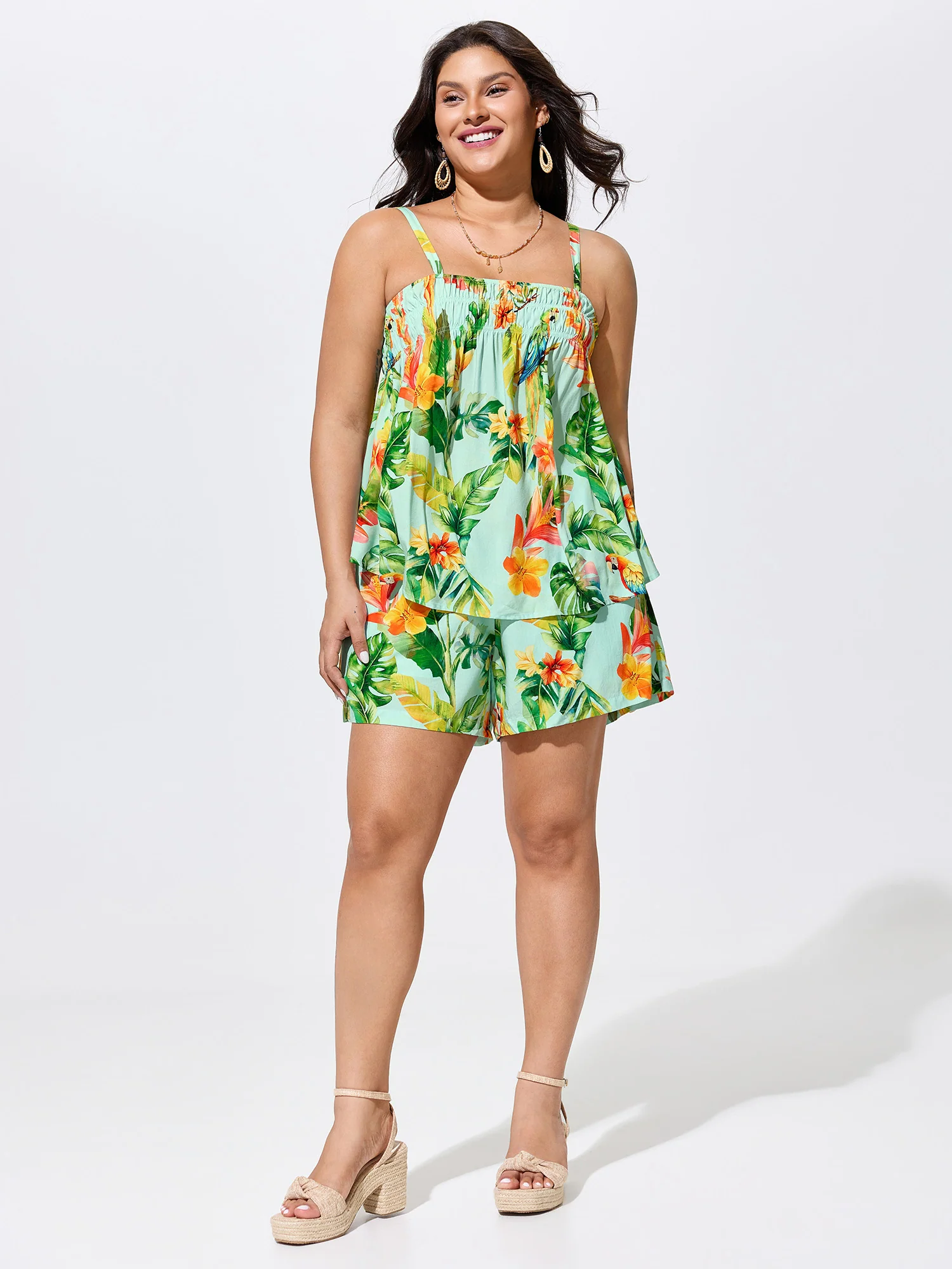 Tropical Breeze Print Elastic Waist Shorts
