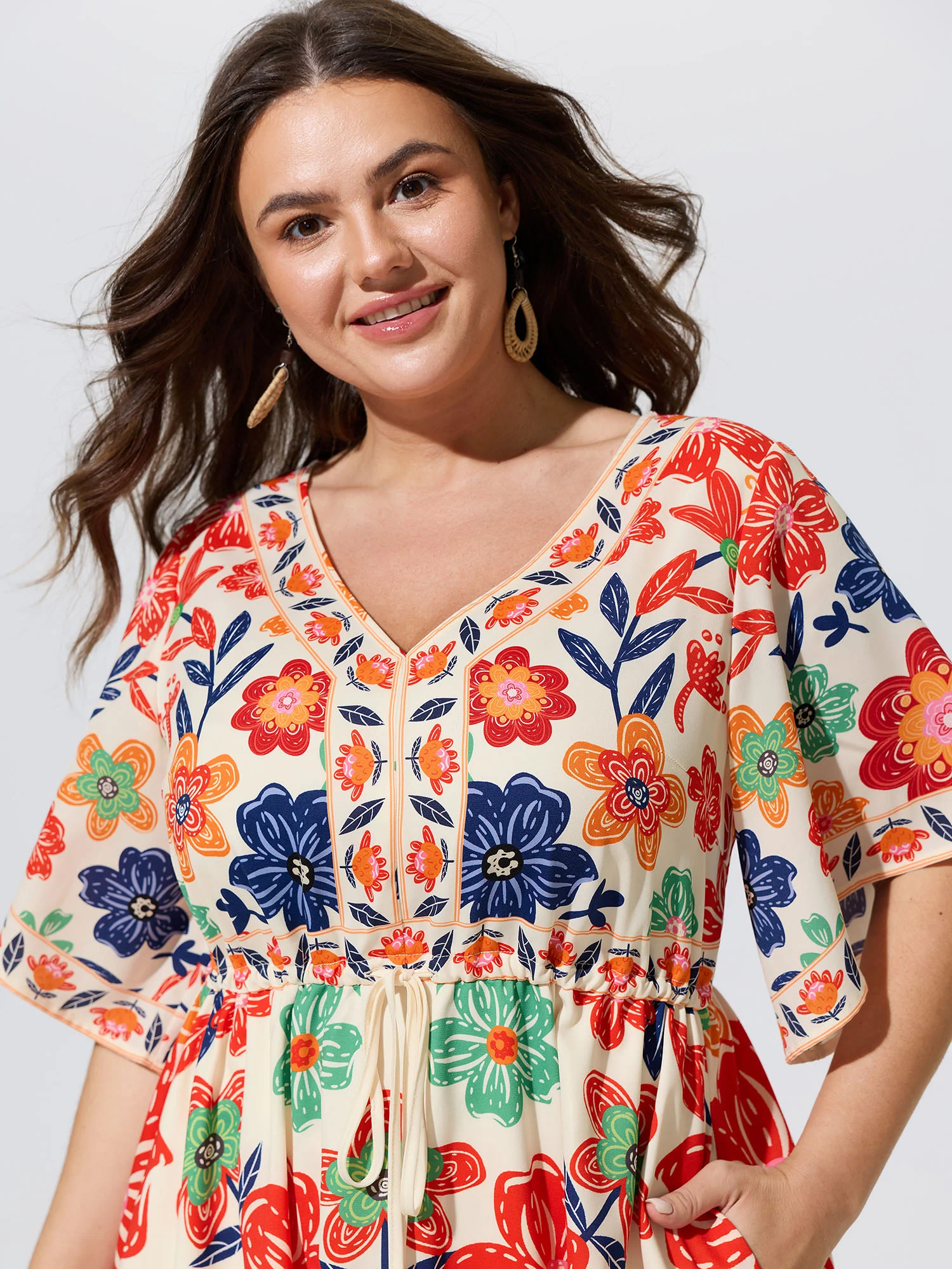 Floral Print Drawstring Waist Tiered Midi Dress