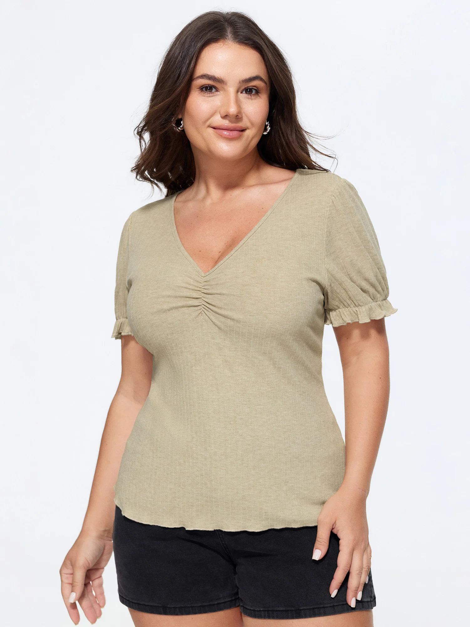 Stretchy Ribbed Ruched Plain T-Shirt