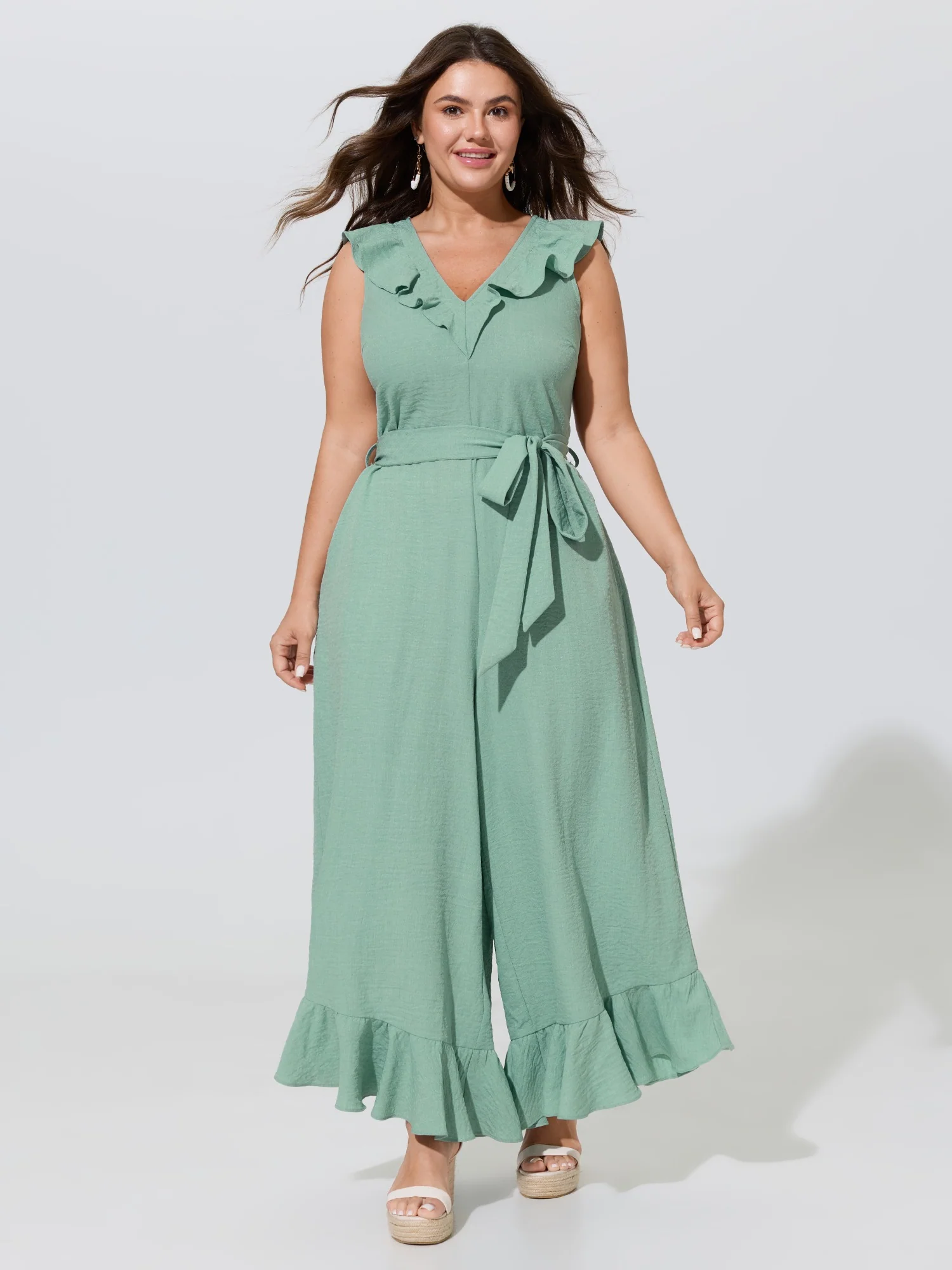 Ruffled Neckline Waist-Tie Wide-Leg Jumpsuit