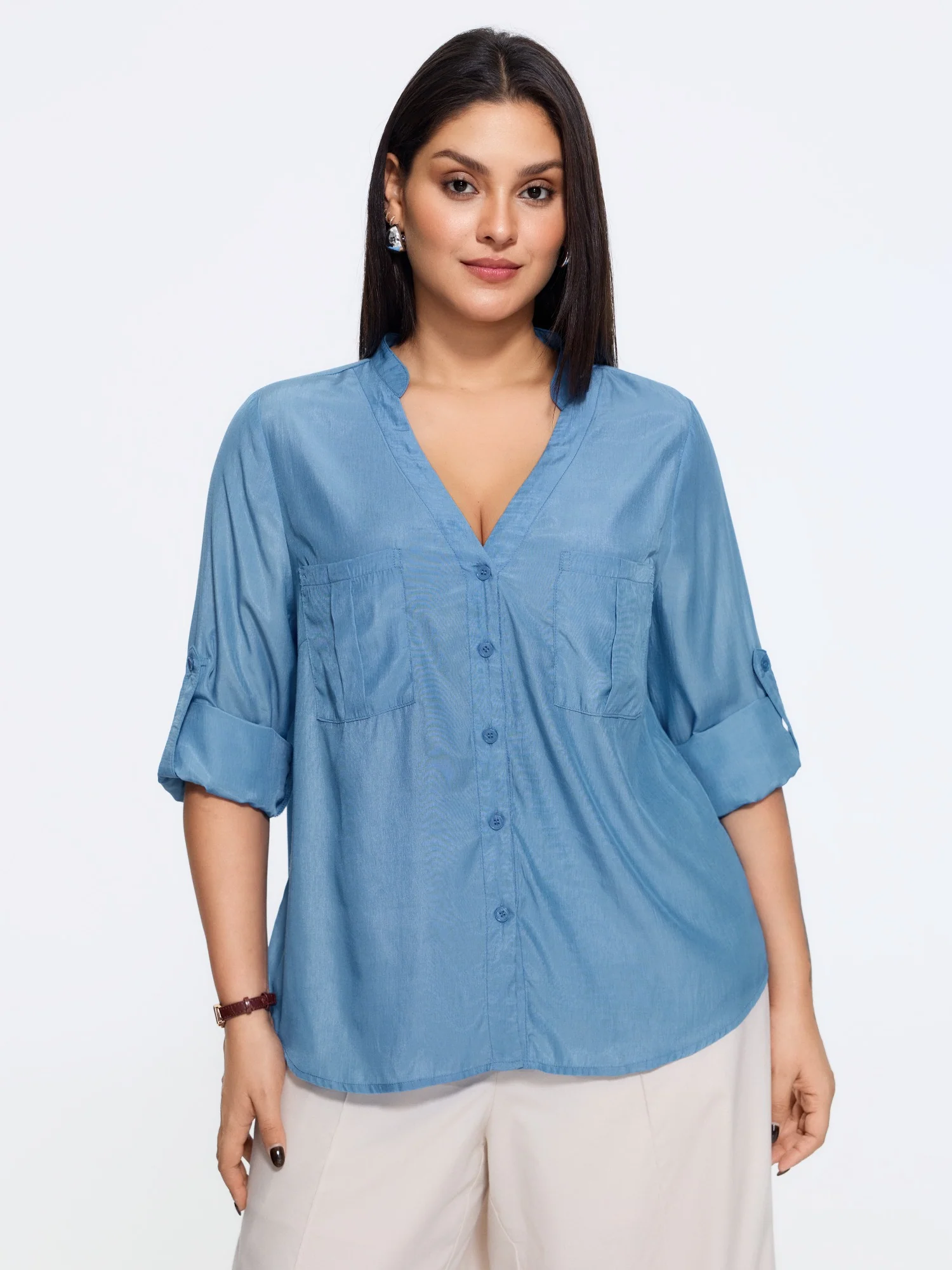 Plain Tab Sleeve Dual Pocket Blouse