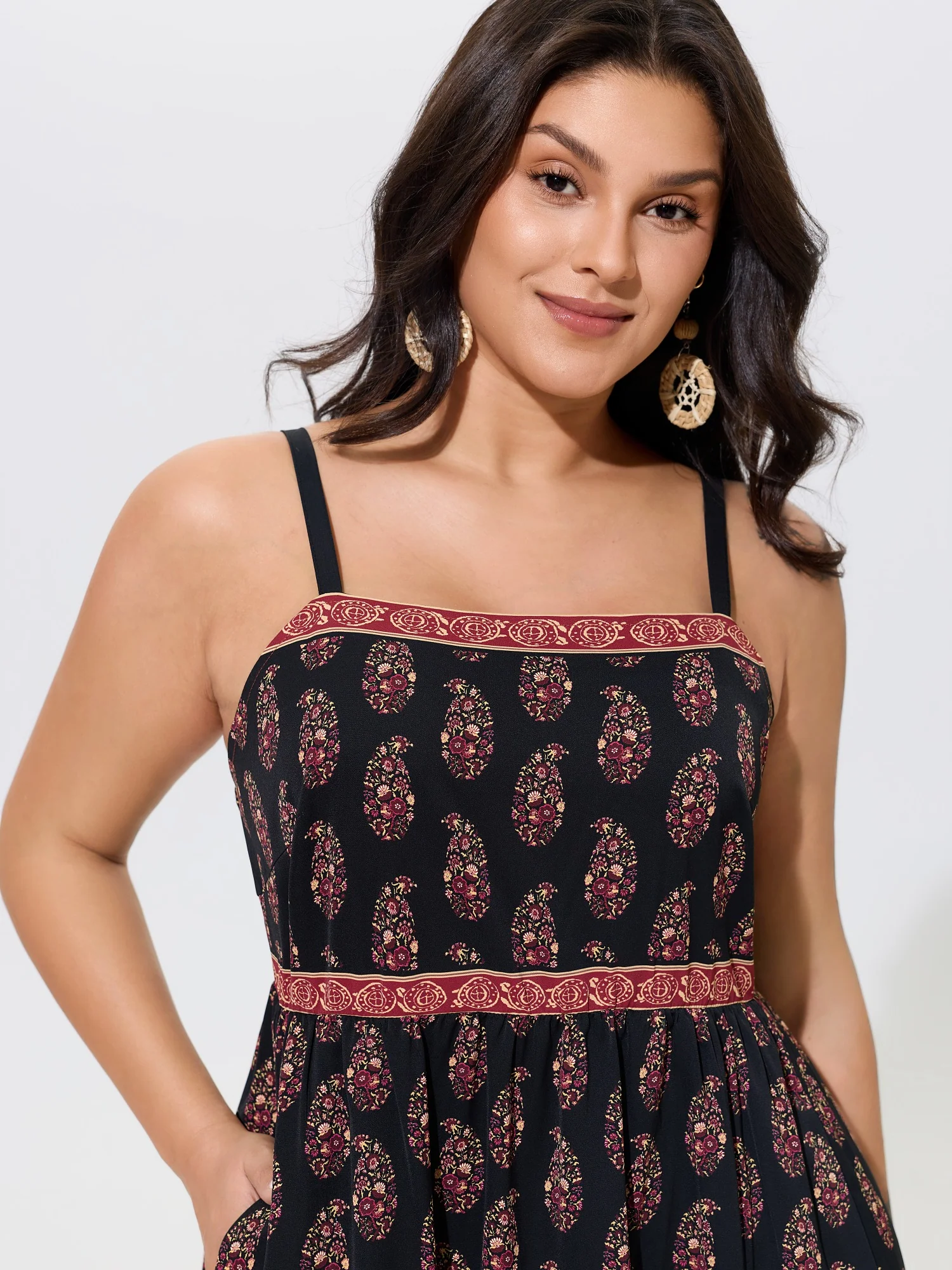 Vintage Paisley Print Shirred Midi Dress
