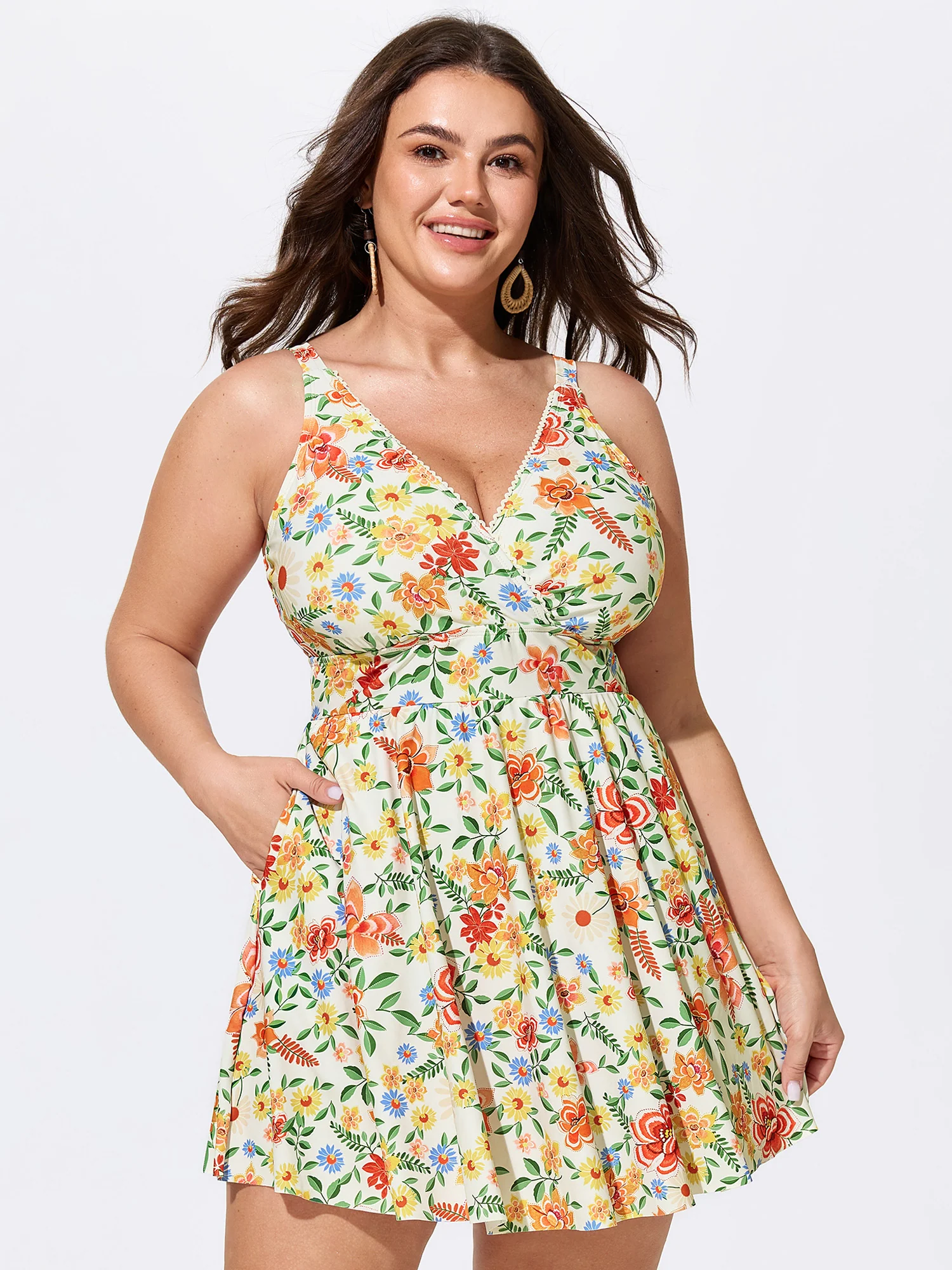 Floral Print Pockets Sleeveless Swim Dress