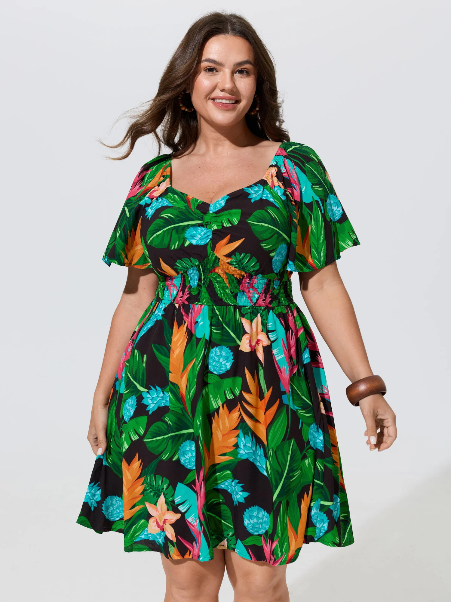 Tropical Floral Print Shirred Waist Mini Dress