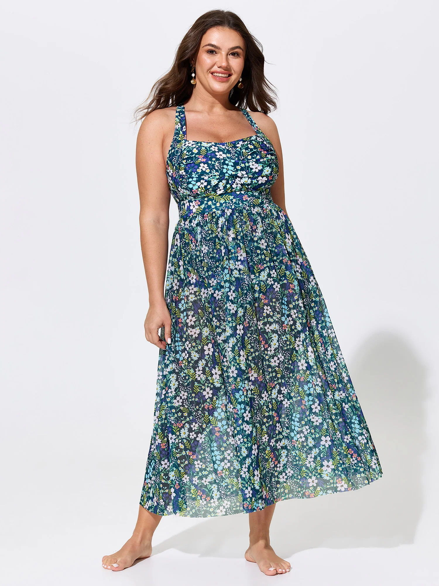 Sheer Sarong Two-Piece Ruched Print One-Piece Swim