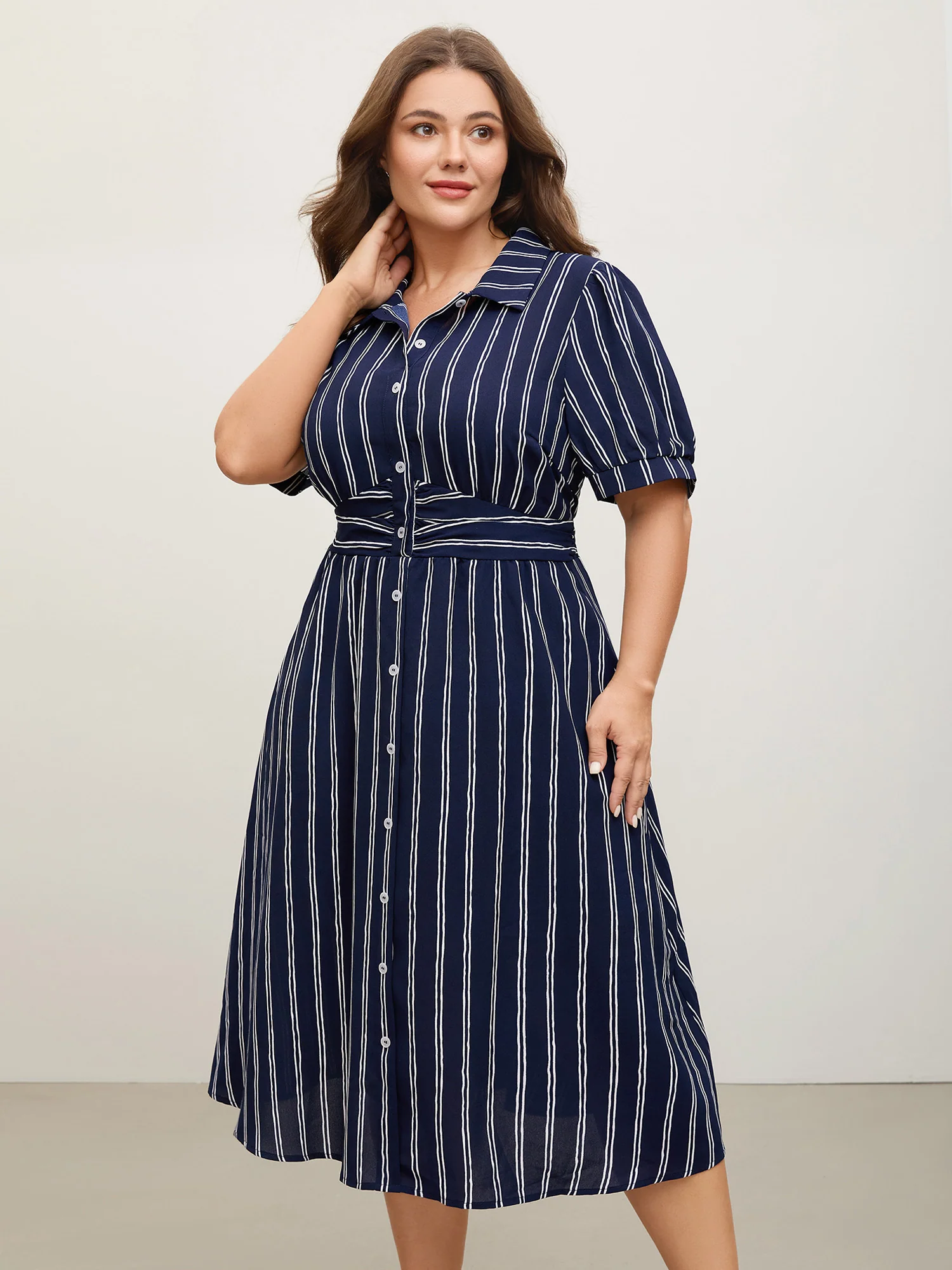 Striped Waist-Cinched Pockets Midi Dress