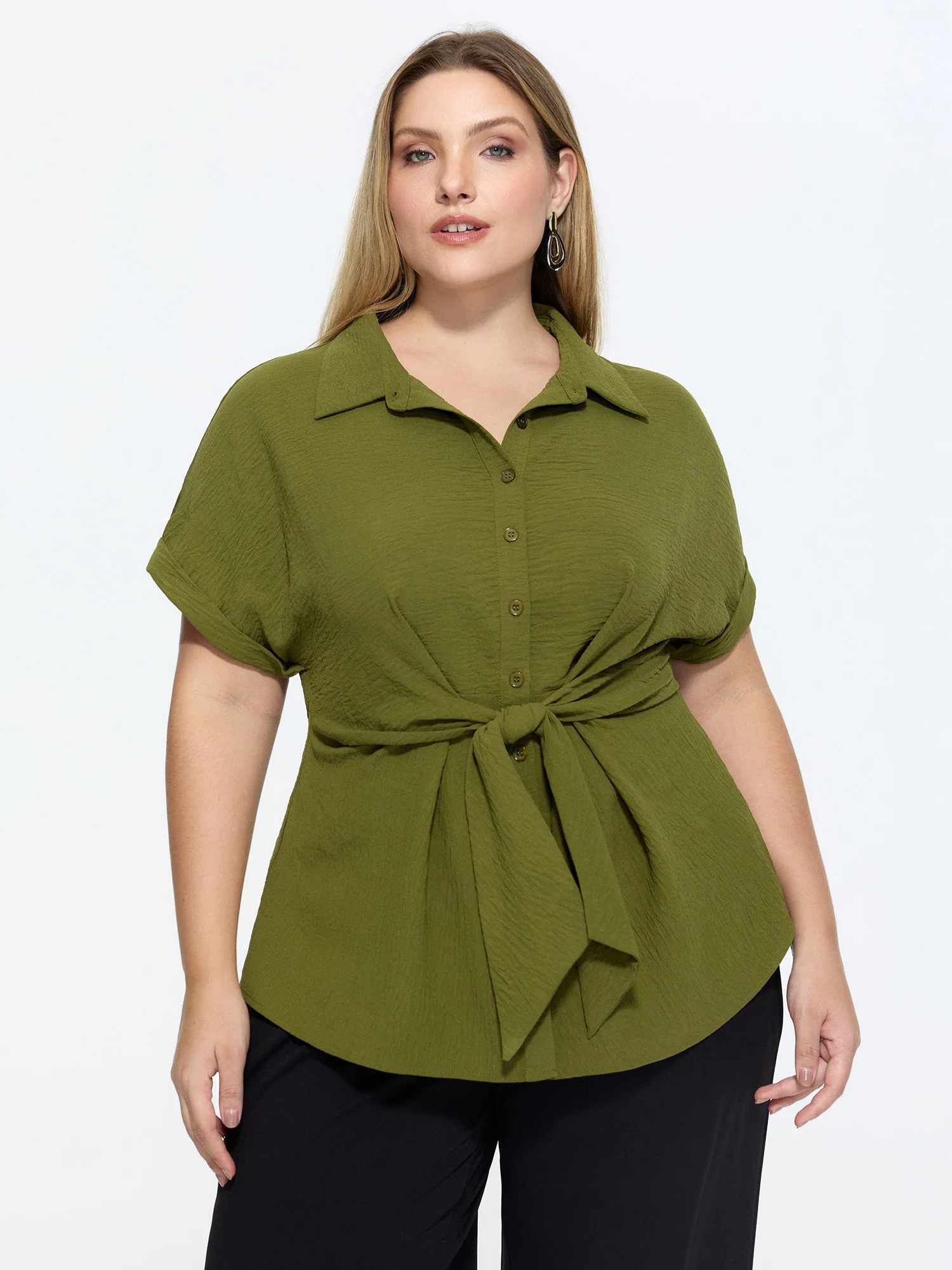 Tie-Front Waist Button-Down Blouse