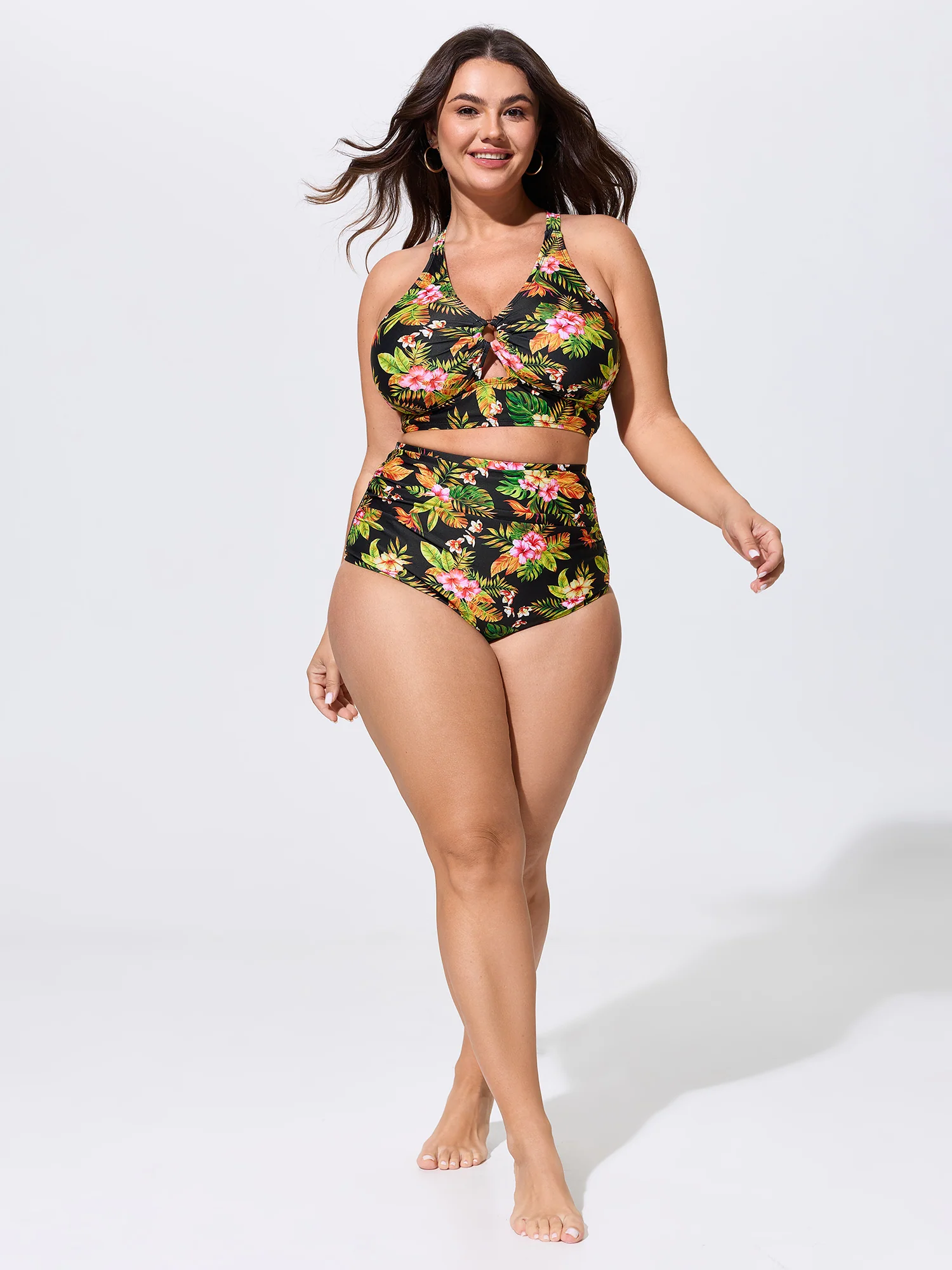 Vibrant Tropical Print High-Waisted Swim Bottoms