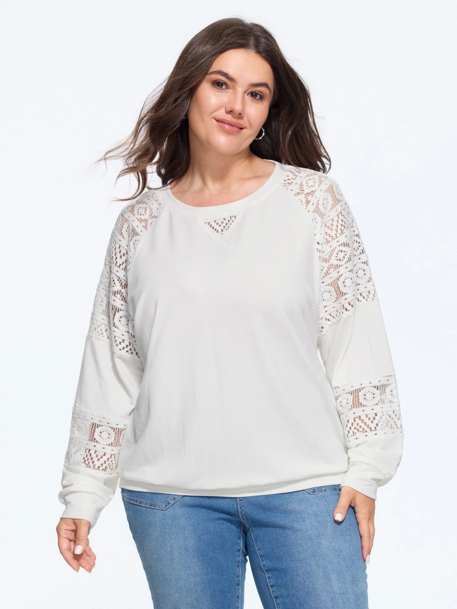 Solid Sheer Lace Patchwork Crew Neck Sweatshirt