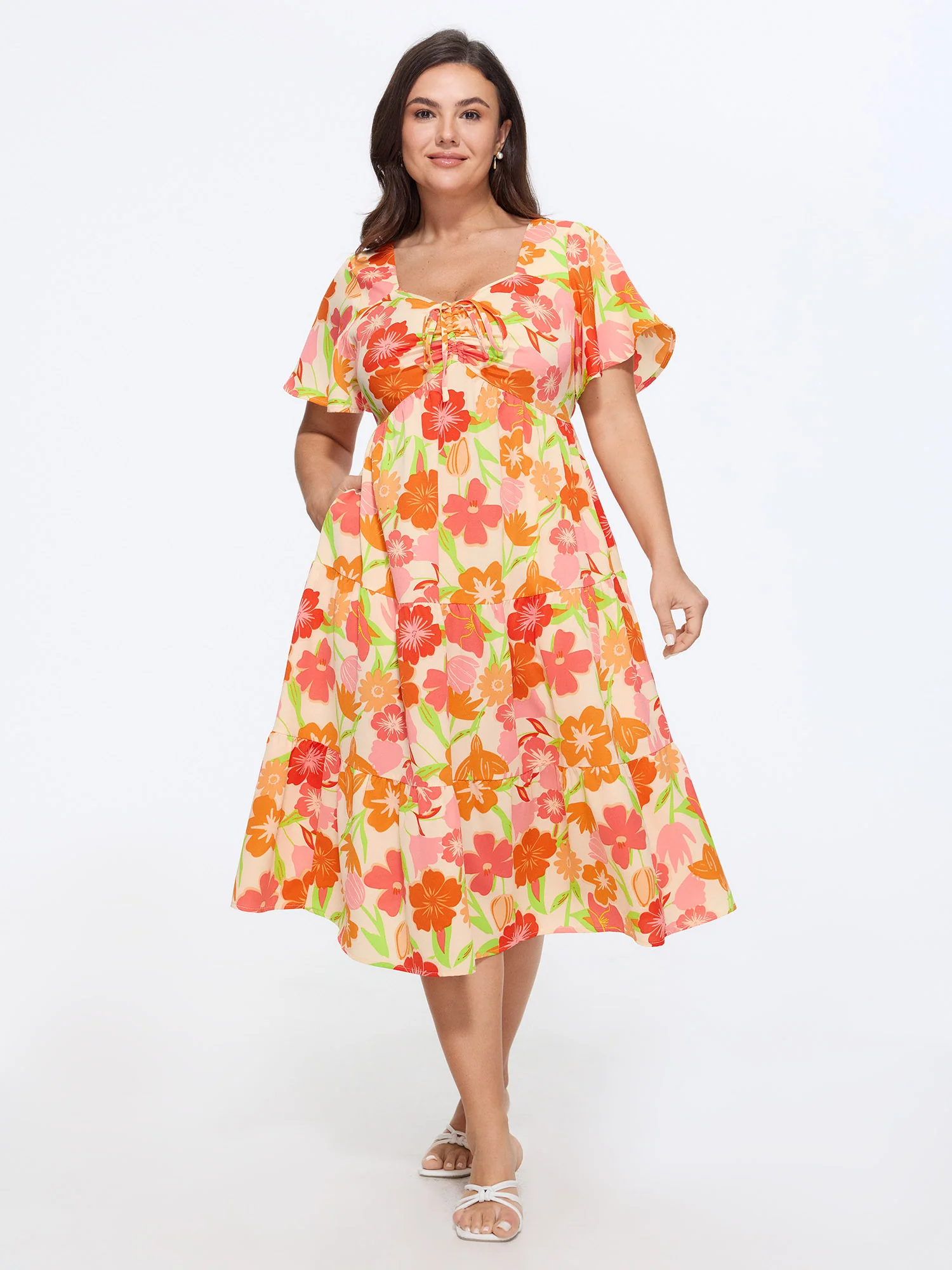 Floral Print Stretchy Waist Midi Dress