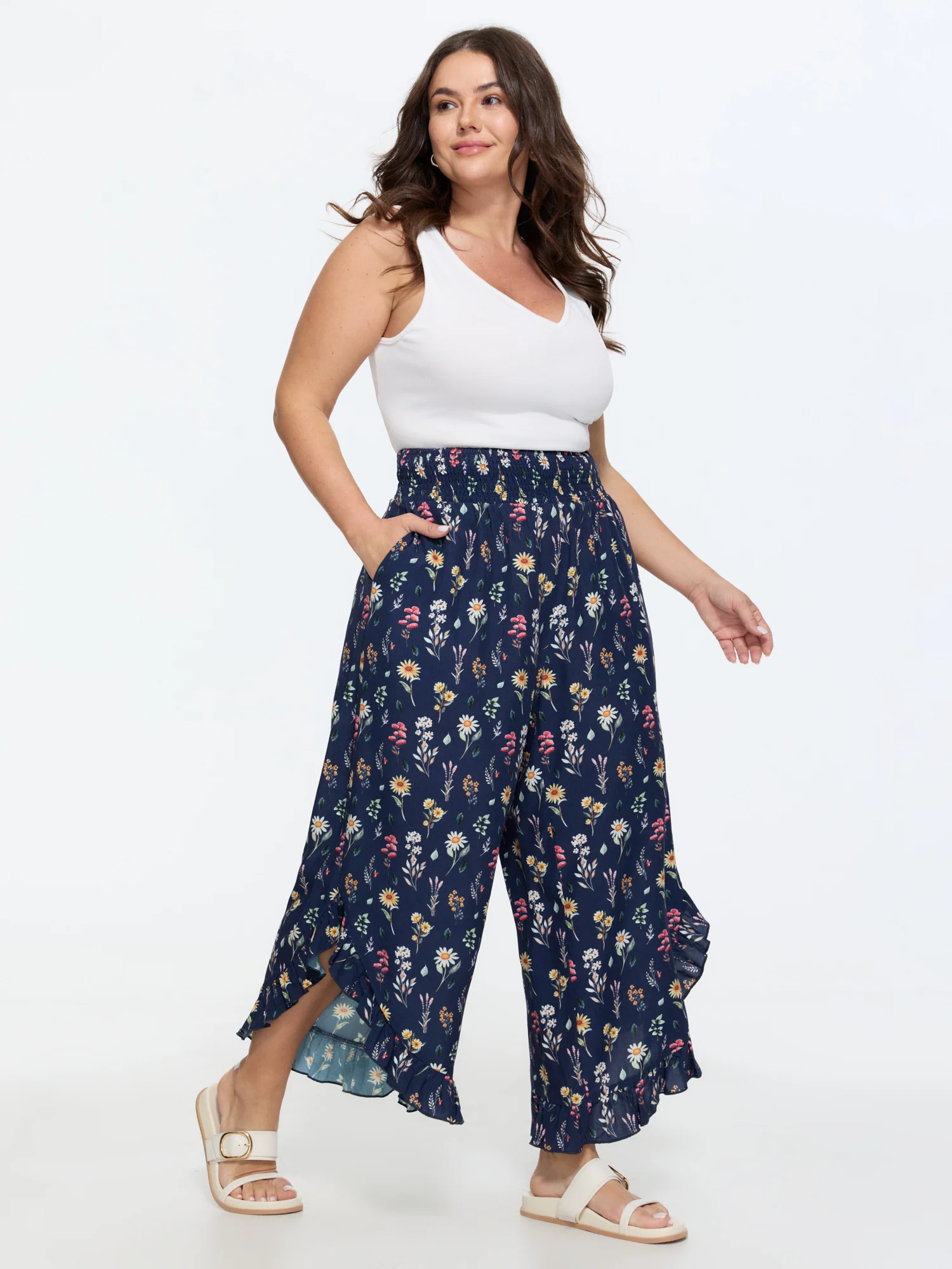 Colorful Floral Print Shirred Waist Ruffled Pants