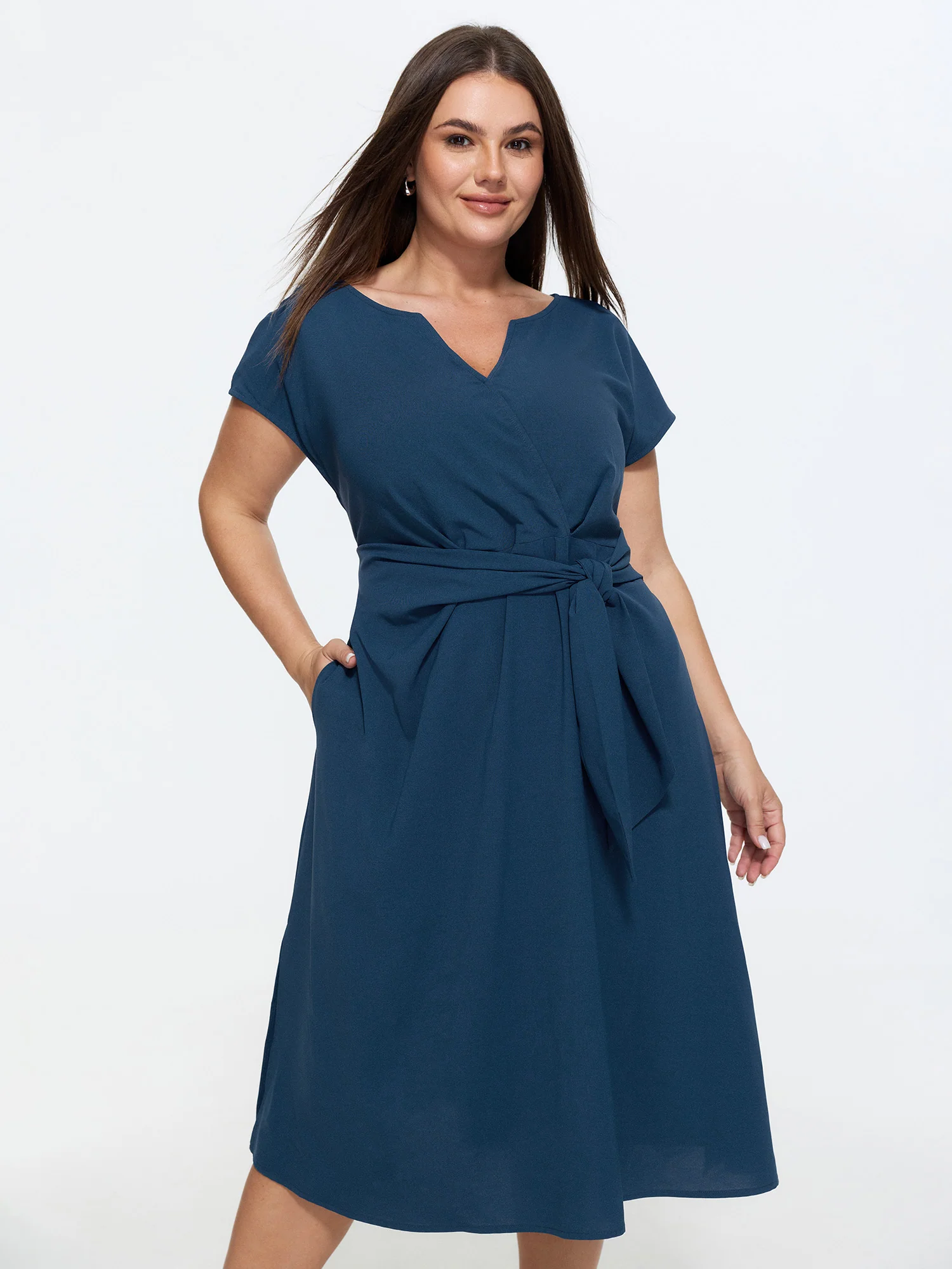 Split Neckline Side Waist-Tie Midi Dress
