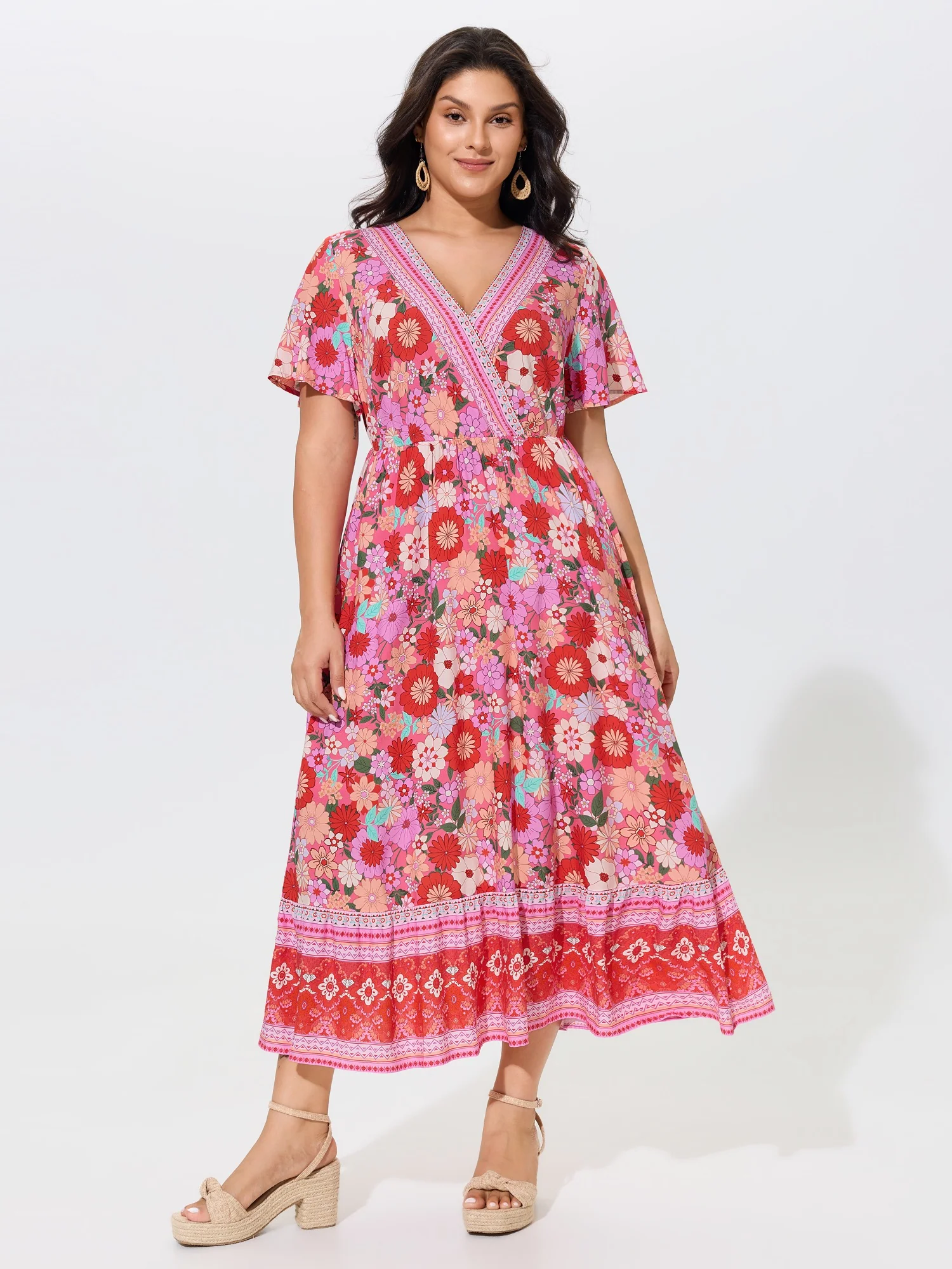 Supersoft Colorful Floral Print V Neck Ruffle Sleeve Midi Dress